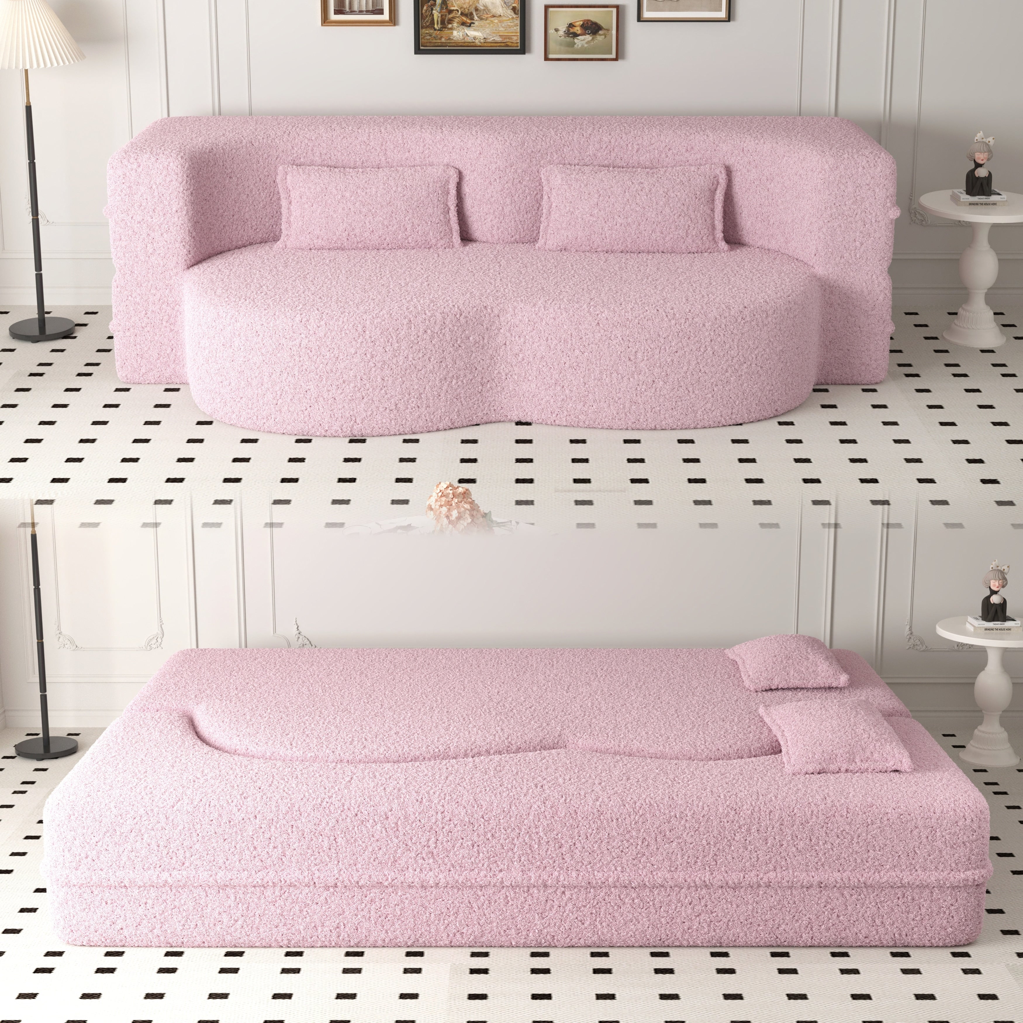 Mid Century Floor Sofa With 2 Pillows Convertible Teddy Fabric Foam Filled Sleeper Sofa