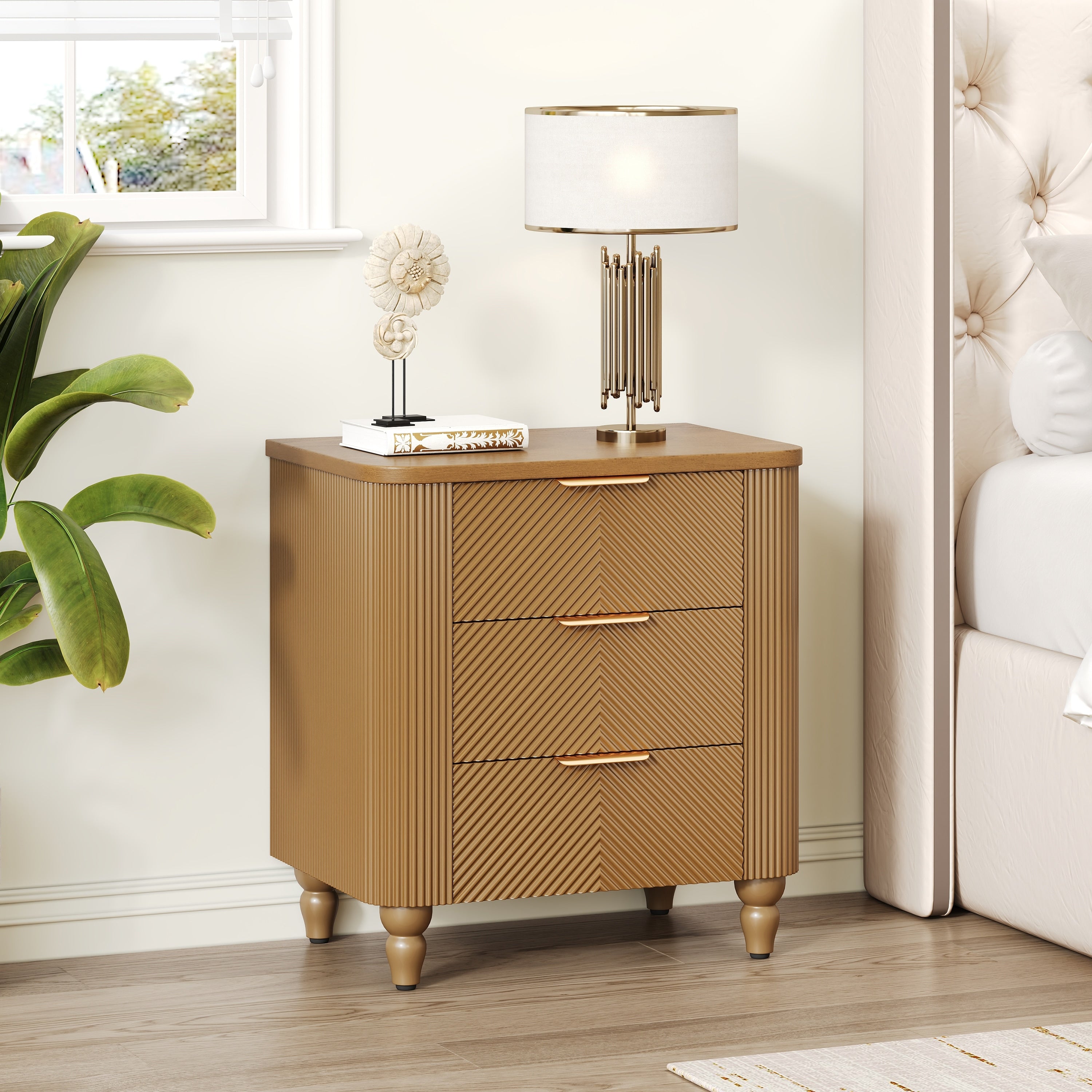 Mid Century Fluted 3 Drawer Nightstand Curved Profile Gold Glossy Handles Easy Assembly Natural