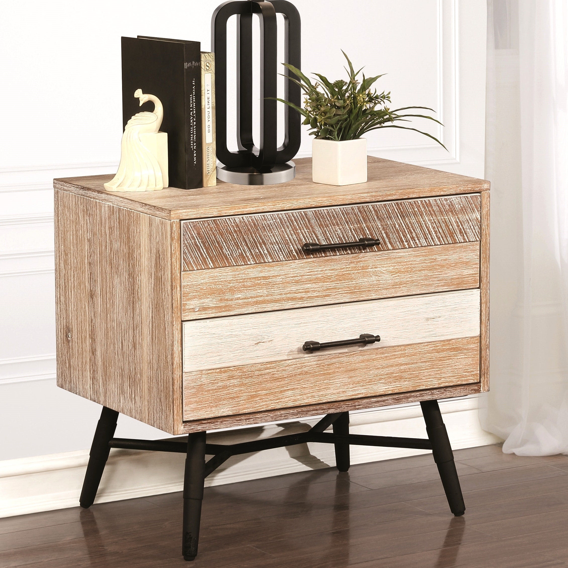 Mid Century Industrial 2 Drawer Nightstand Accent Table