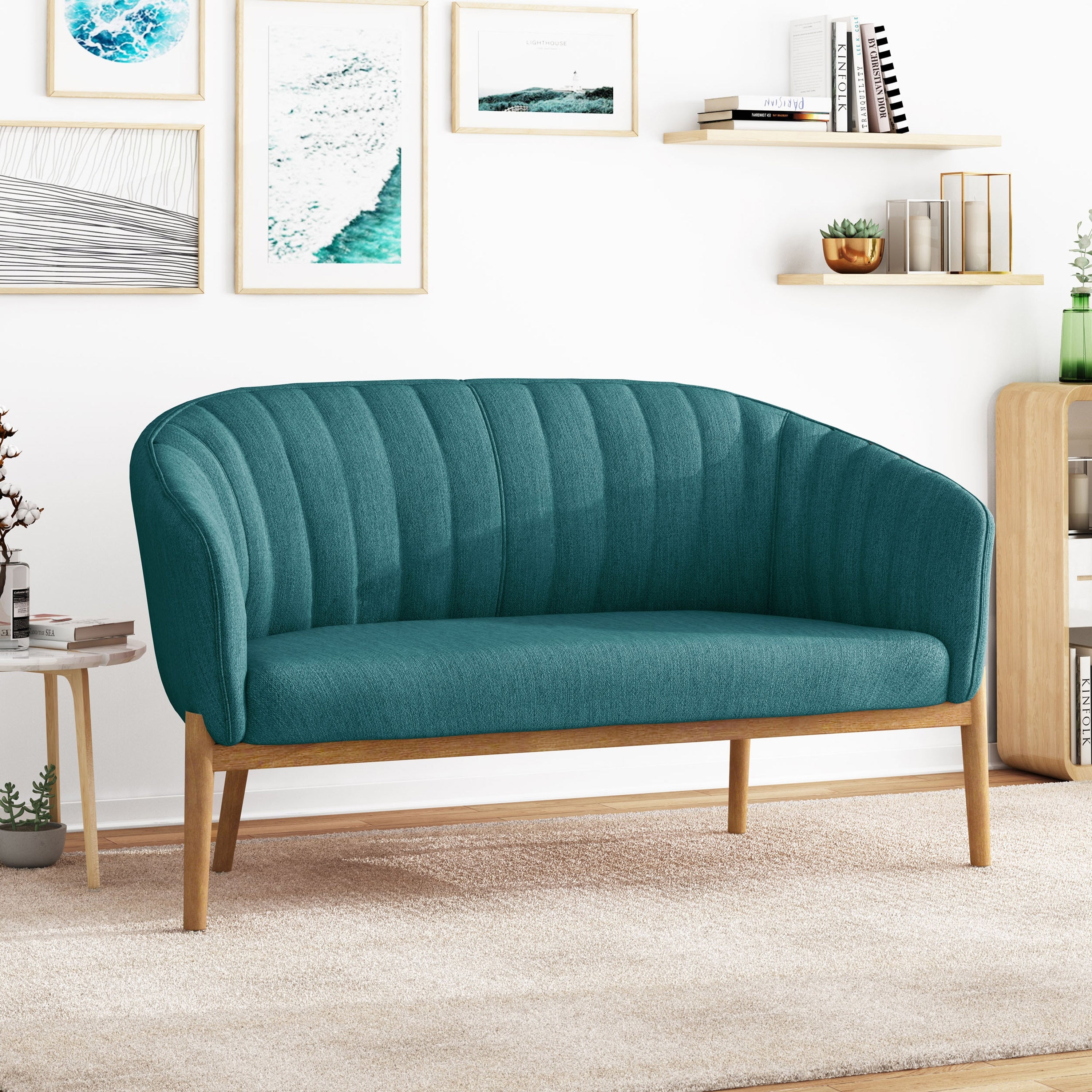Mid Century Loveseat Channel Tufted Back Curved Backrest Tapered Rubber Wood Legs