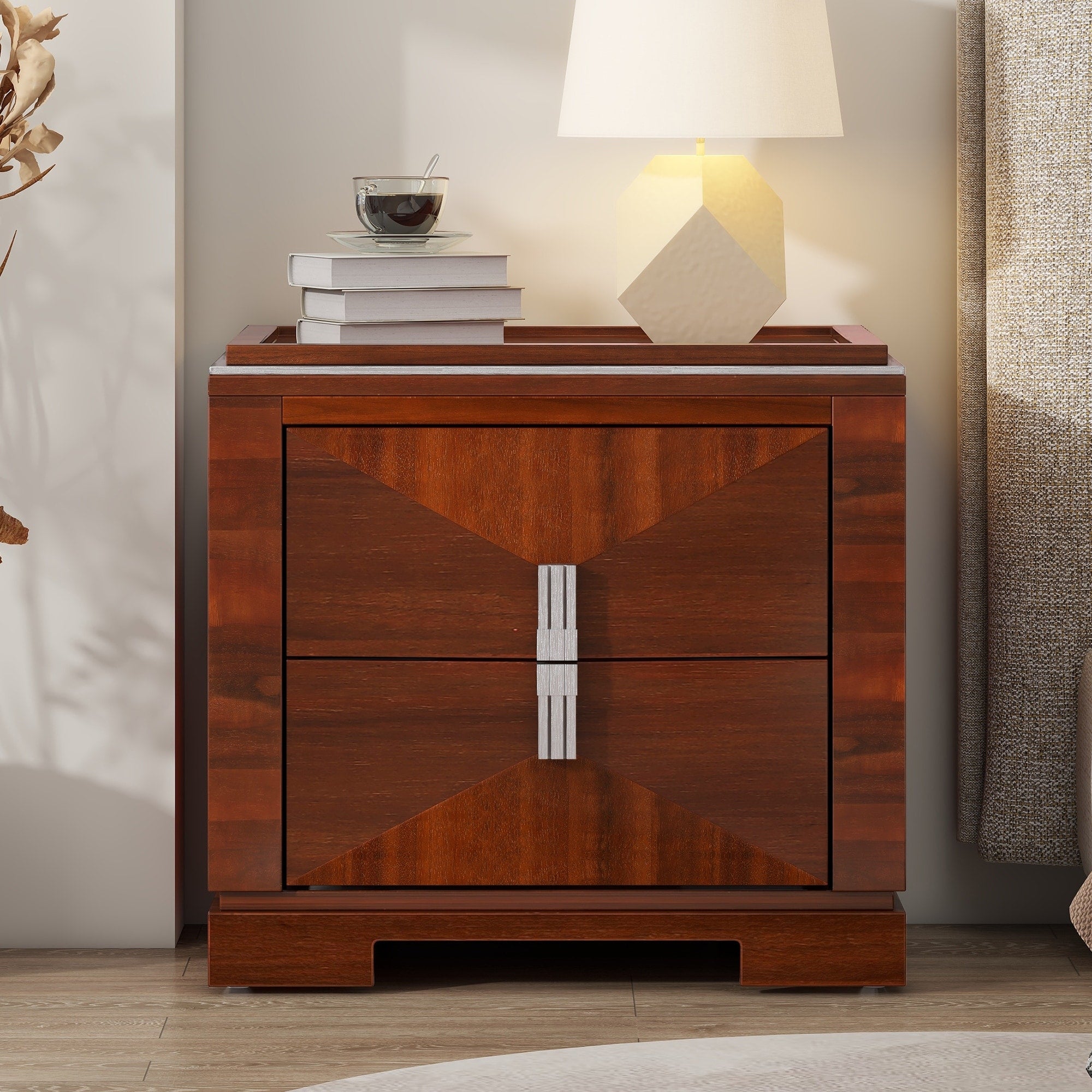 Mid Century Modern 2 Drawer Diamond Wood End Table With Storage Dark Brown