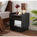 Mid Century Modern 2 Drawer Nightstand With Charging Station Led Lights Bedside End Table Black