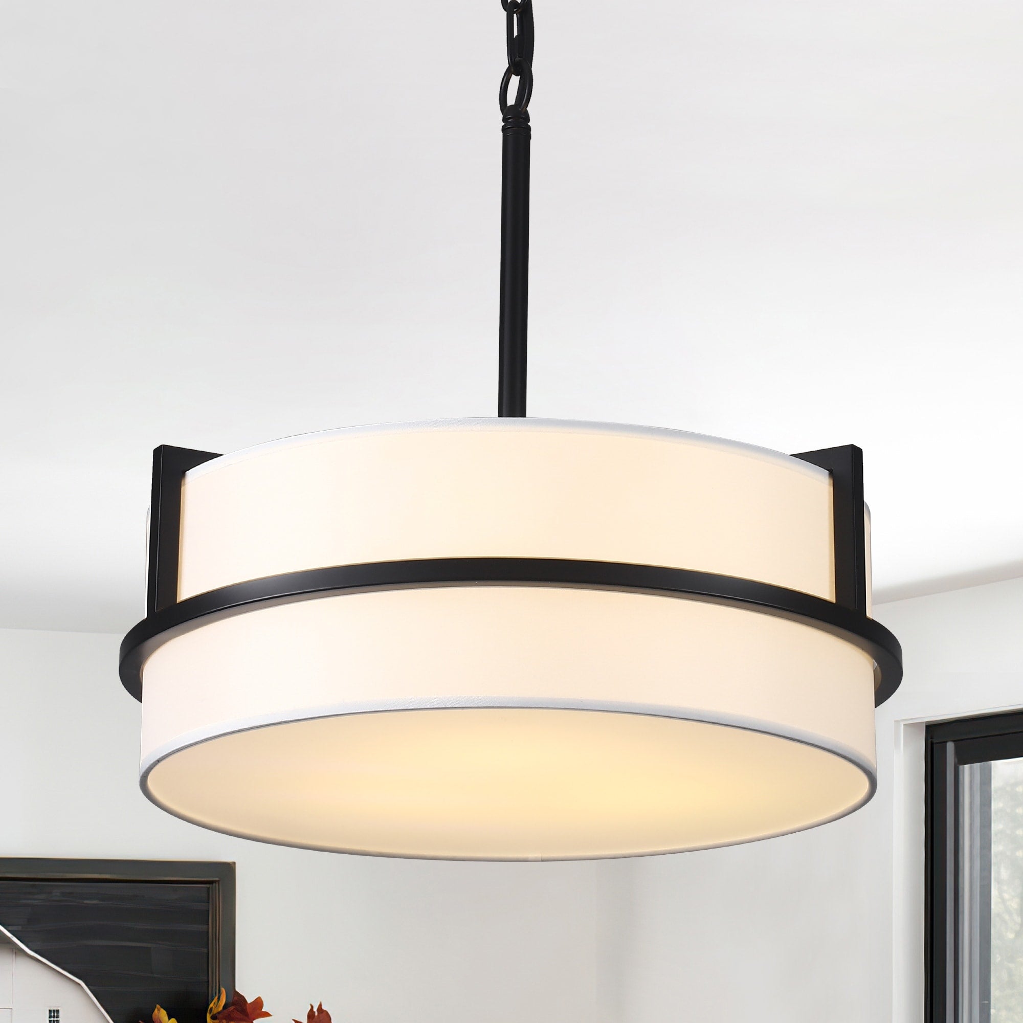 Mid Century Modern 3 Light Fabric Drum Shape Dimmable Pendant Light For Dining Room