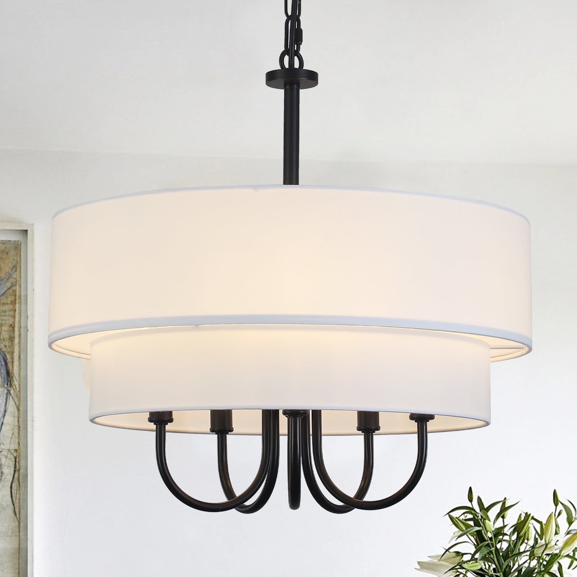 Mid Century Modern 5 Light Double Tiers Fabric Pendant Light For Dining Room Bedroom Foyer