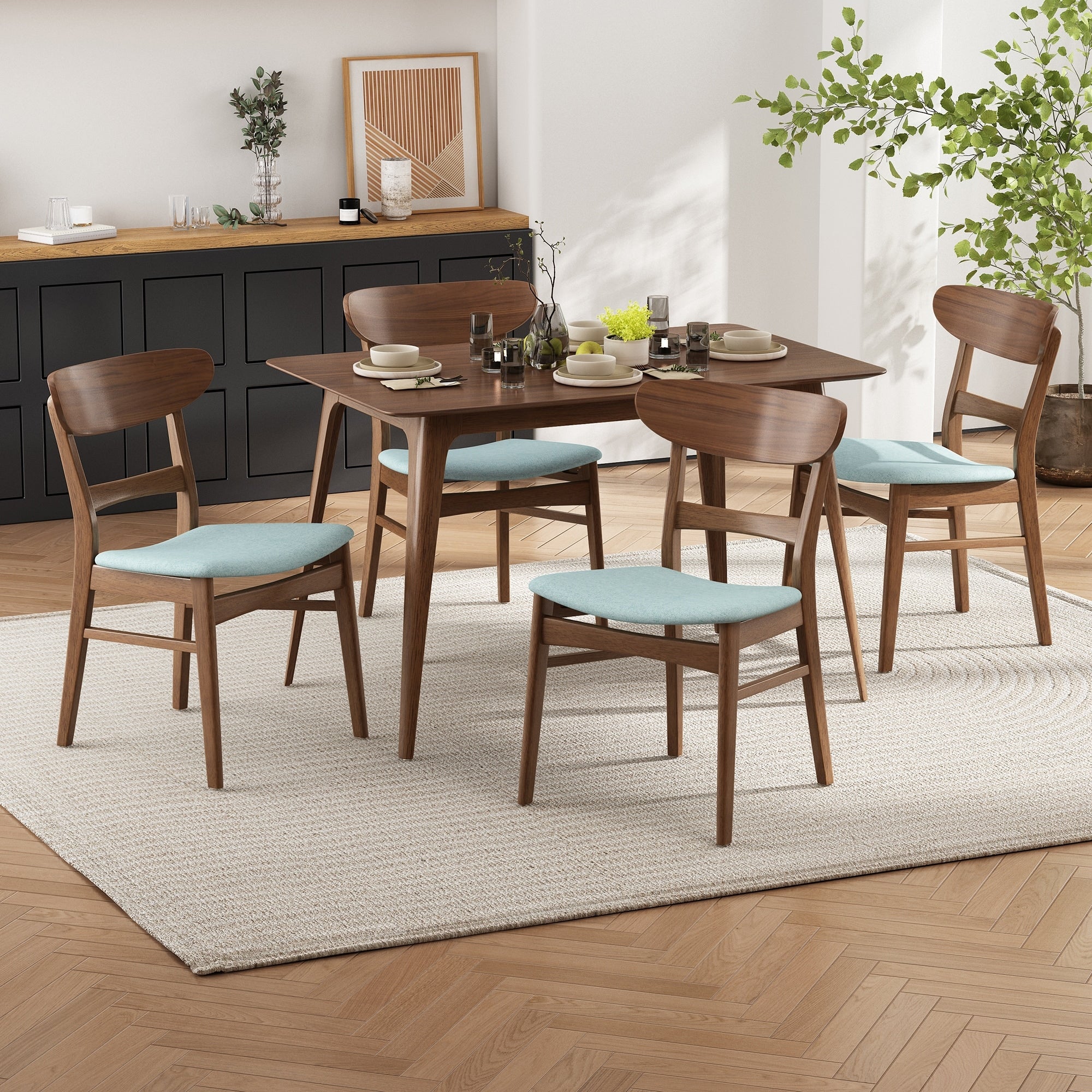Mid Century Modern 5 Piece Dining Set Rubberwood Frame One Table And 4 Upholstered Chairs Walnut Mint