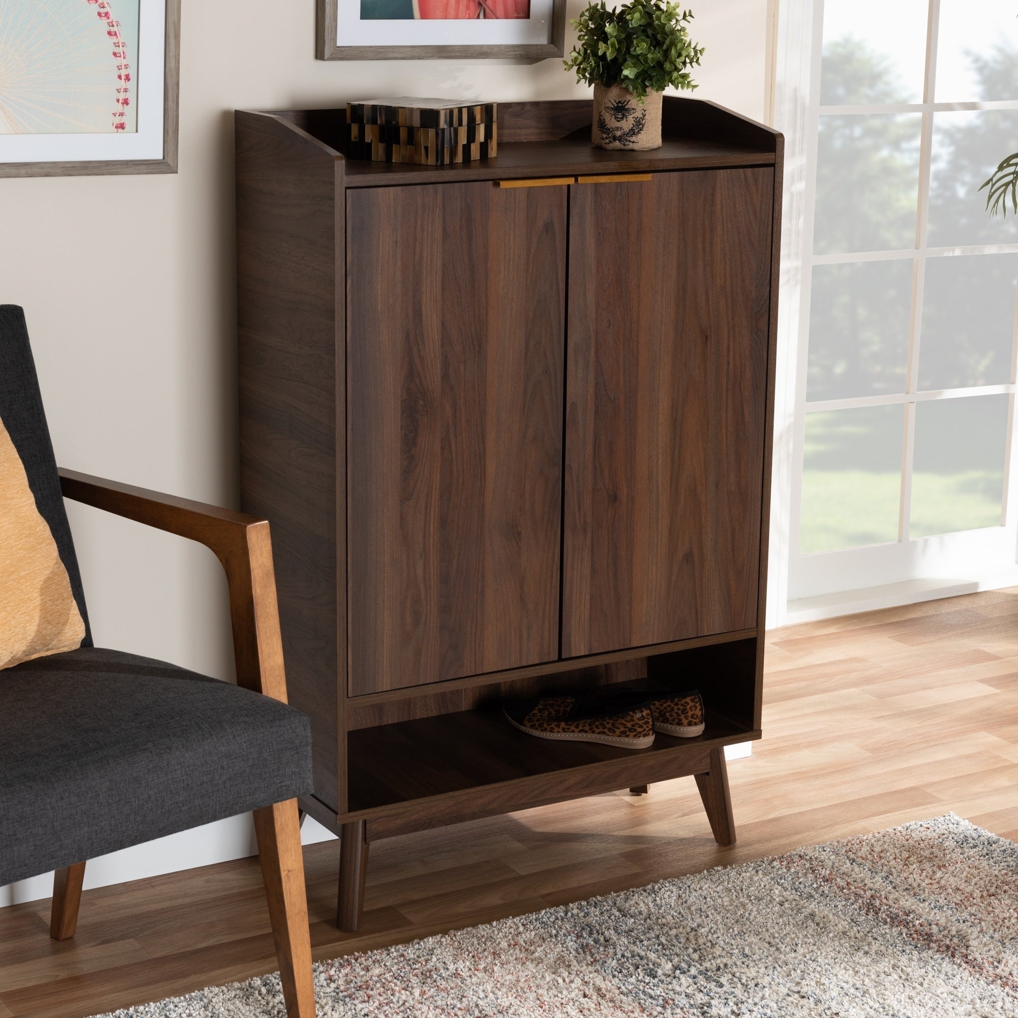 Mid Century Modern 5 Shelf Wood Shoe Cabinet