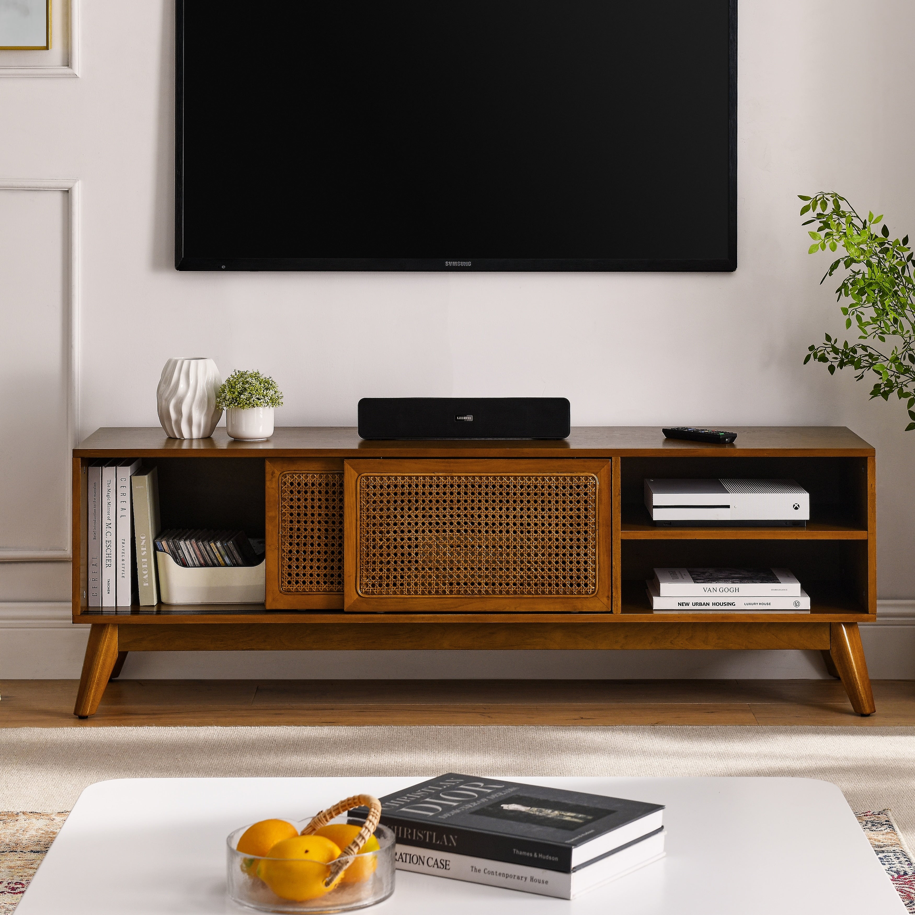 Mid Century Modern 59 Tv Stand For Tvs Up To 65 Entertainment Center Cabinet Media Console With Open Shelves And Rattan Doors