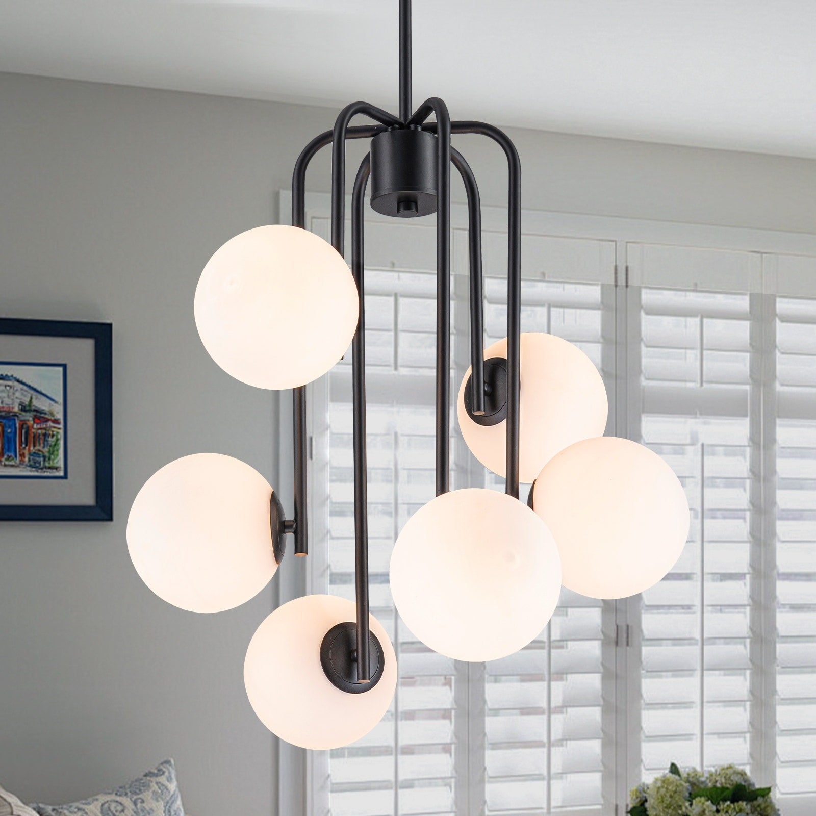 Mid Century Modern 6 Light Matte Black Chandelier Frosted Glass Globes Dia.21.26 In
