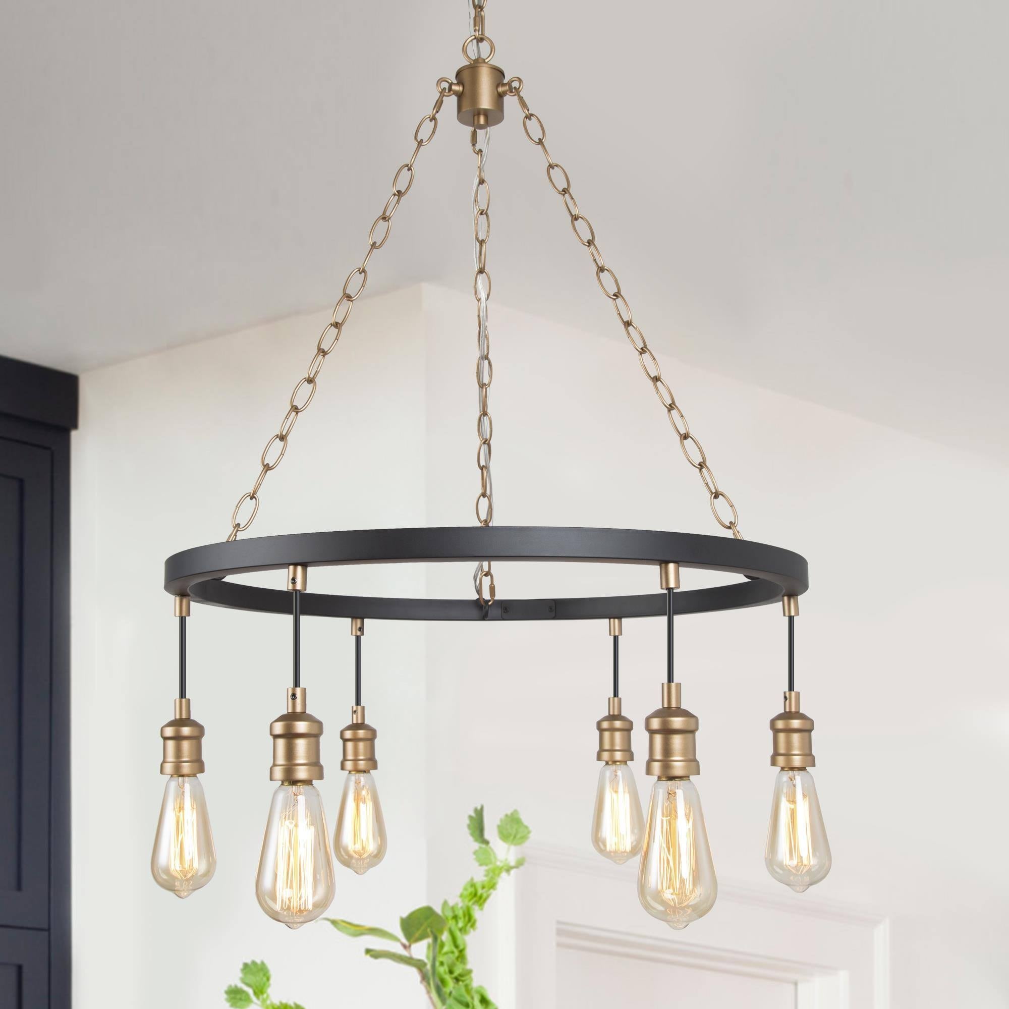 Modern Farmhouse Chandelier 6 Lights Wagon Wheel Hanging Ceiling Pendant Lighting For Dining Room D 24.8 X H 31.5