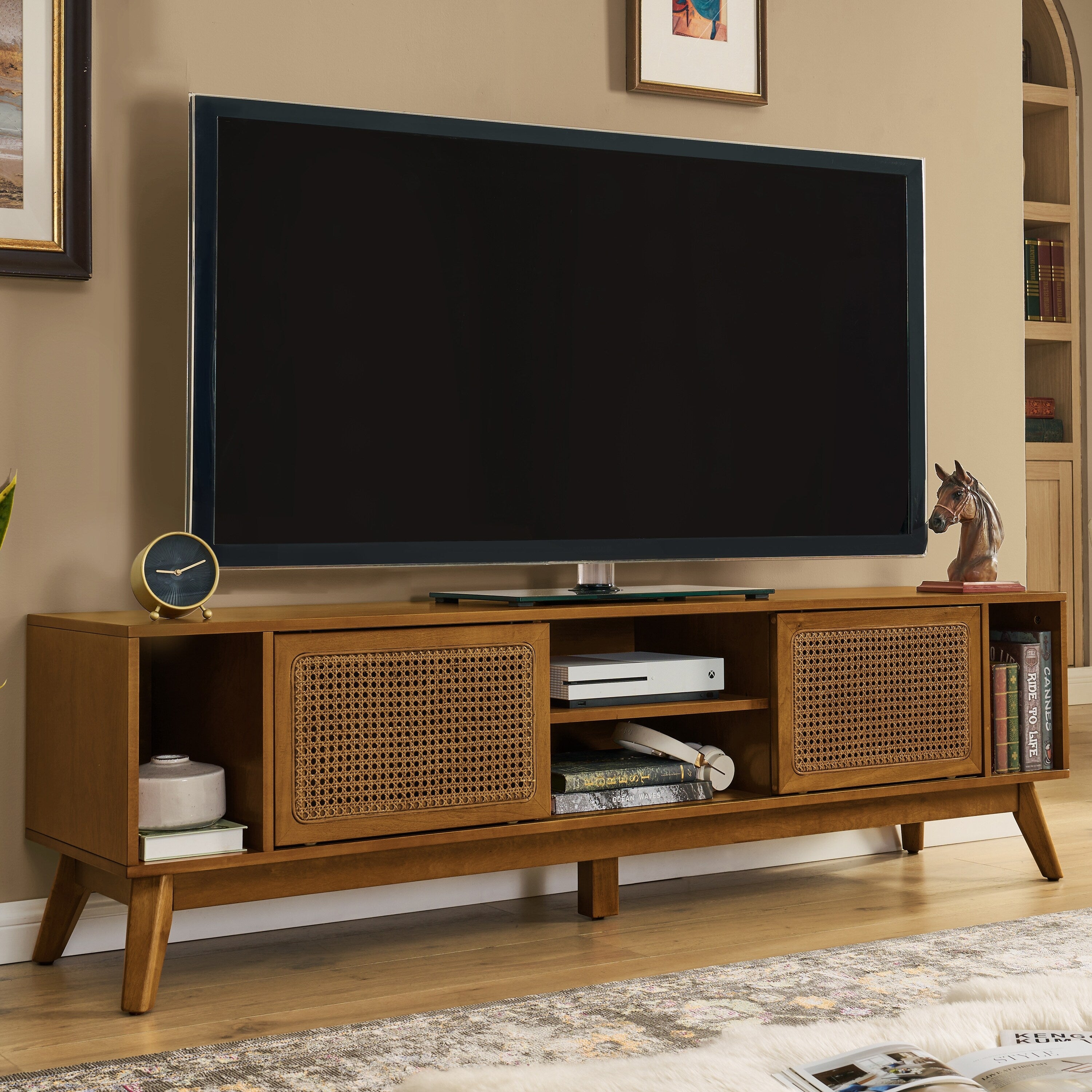 Mid Century Modern 67.9 Tv Stand For Tvs Up To 75 Entertainment Center Cabinet Media Console With Open Shelves