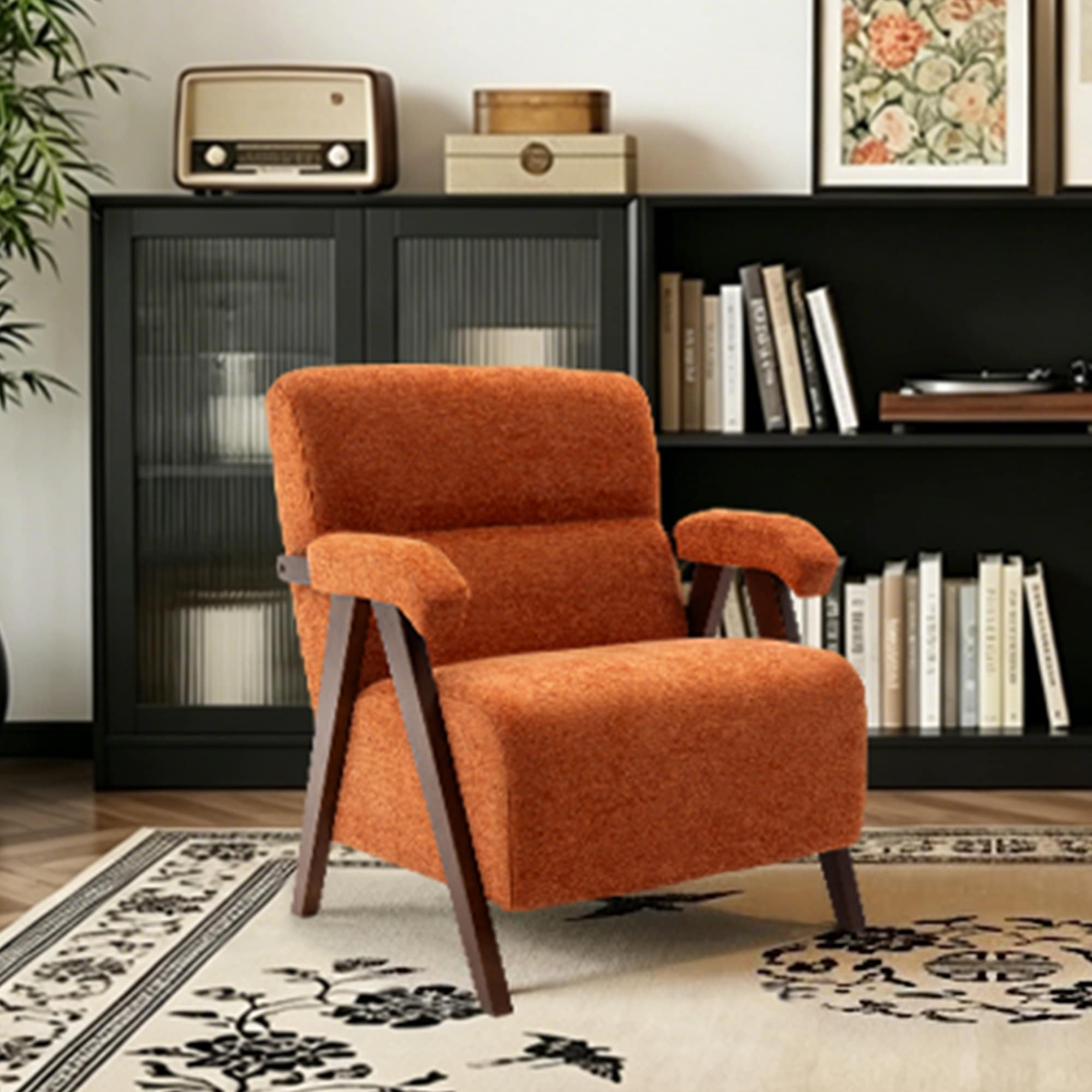 Mid Century Modern Accent Chair With Solid Wood Frame Upholstered Living Room Chairs With Thick Cushion Tufted Armchair