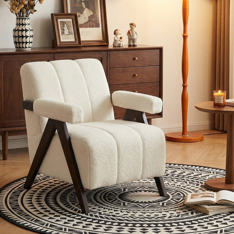 Mid Century Modern Accent Chair Solid Wood Upholstered Armchair With Wide Backrest And Thick Cushion