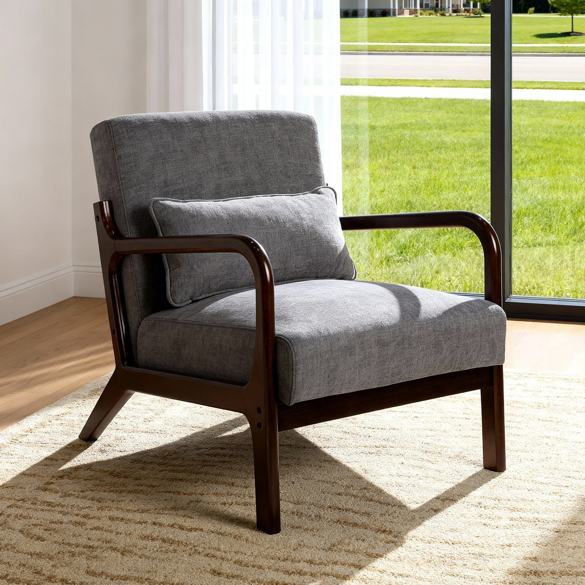 Mid Century Modern Armchair Accent Chair With Solid Wood Frame And Detachable Lumbar Pillow For Living Room Bedroom
