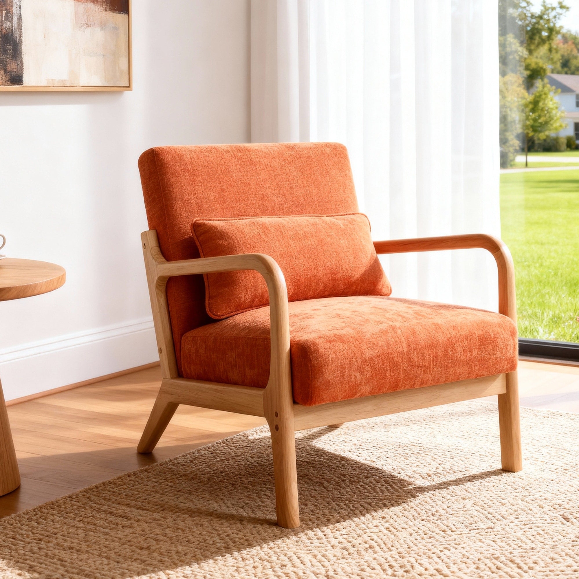 Mid Century Modern Armchair Accent Chair With Solid Wood Frame And Detachable Lumbar Pillow For Living Room Bedroom Office