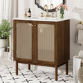 Mid Century Modern Bathroom Vanity With Undermount Ceramic Sink Handwoven Bamboo Doors Bathroom Cabinet Dark Walnut 30 Inch