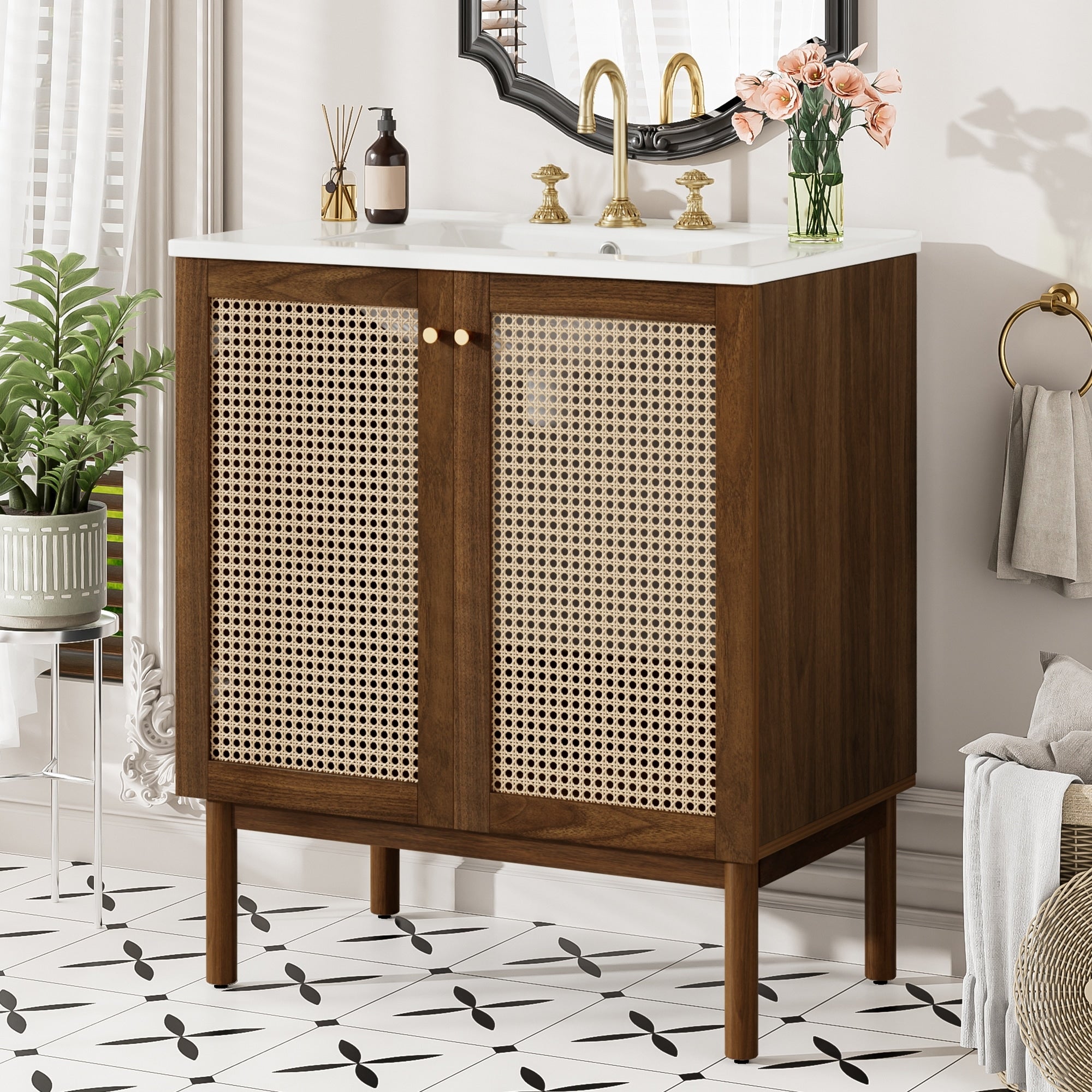 Mid Century Modern Bathroom Vanity With Undermount Ceramic Sink Handwoven Bamboo Doors Bathroom Cabinet Dark Walnut 30 Inch