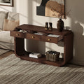 Mid Century Modern Console Table With 3 Storage Drawers And Display Shelf For Entryway Or Living Room Use