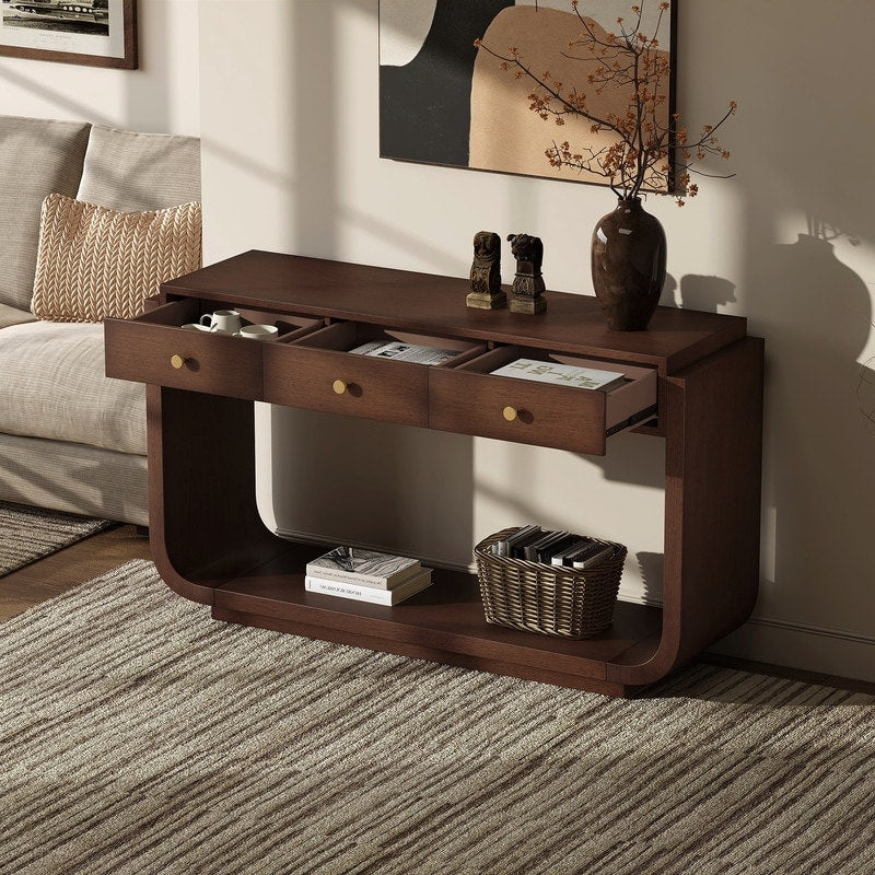 Mid Century Modern Console Table With 3 Storage Drawers And Display Shelf For Entryway Or Living Room Use