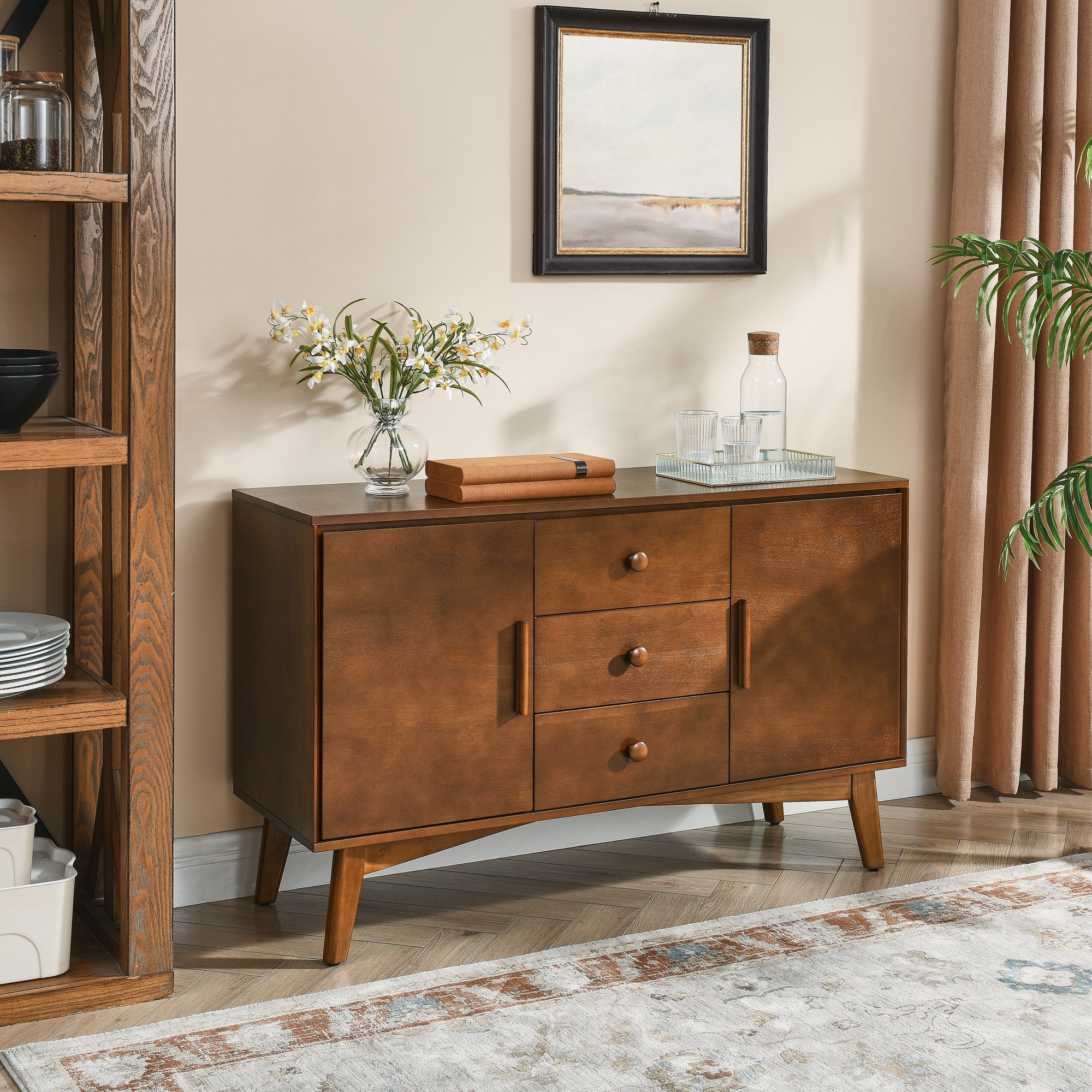 Mid Century Modern Engineered Wood Sideboard Buffet Cabinet With 2 Doors 3 Drawers Solid Wood Base By Gdfstudio