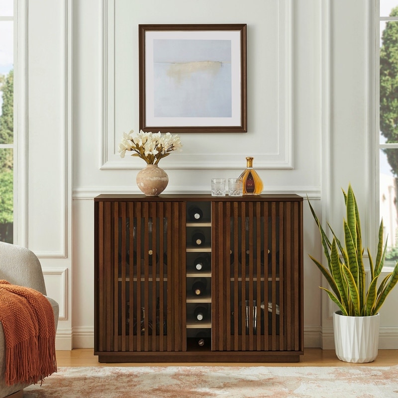 Mid Century Modern Fluted Buffet Cabinet With Wine Glass Holder And Wine Rack