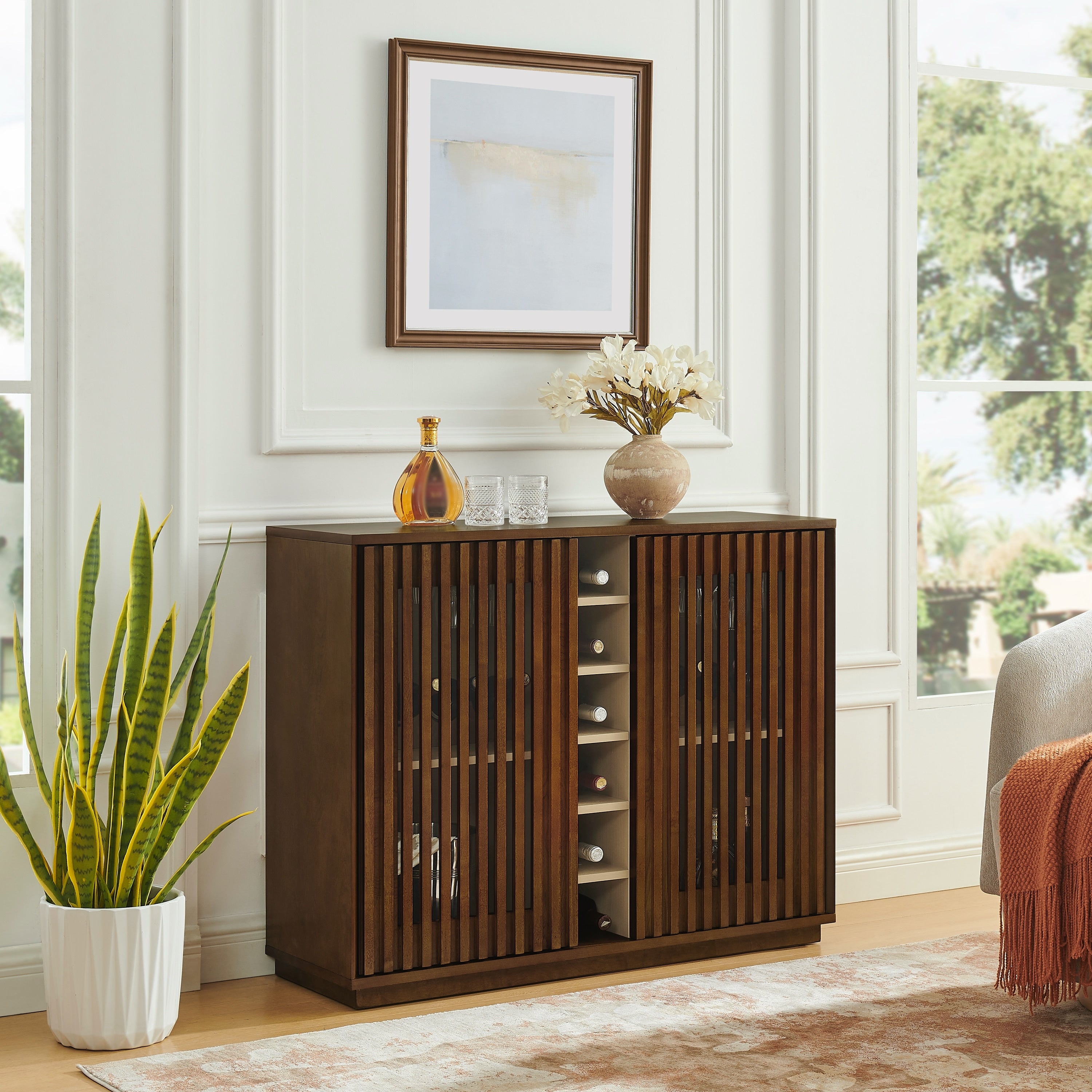 Mid Century Modern Fluted Liquor Cabinet With Wine Glass Holder And Wine Rack By Gdfstudio