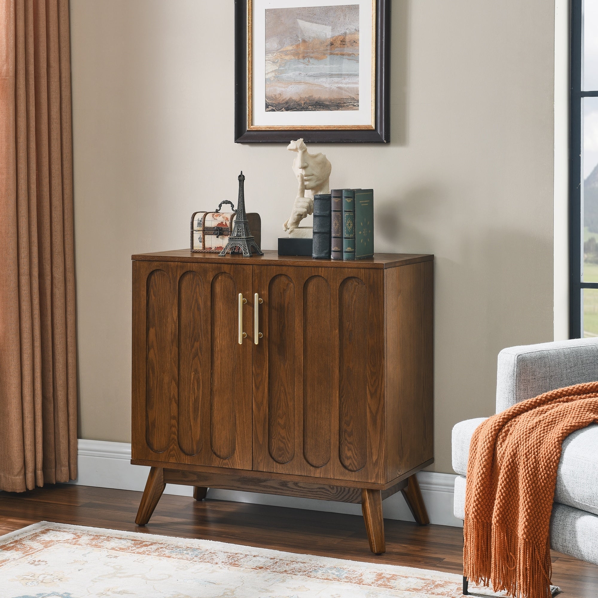 Mid Century Modern Fluted Sideboard Cabinet With Adjustable Shelves And Solid Wood Legs By Gdfstudio
