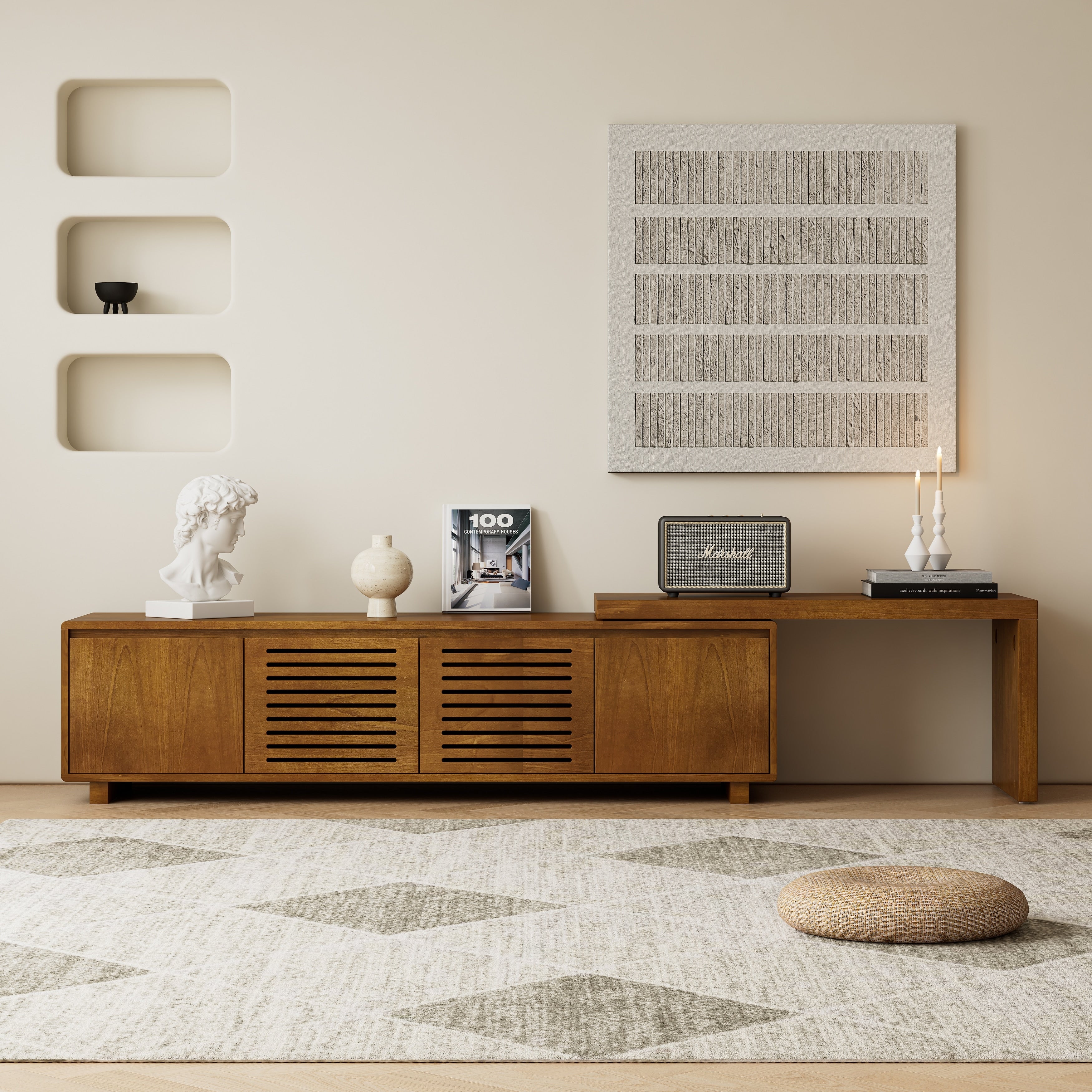 Mid Century Modern Mdf Extendable Tv Stand With Adjustable Panel Storage For Tvs Up To 75 Inches By Gdfstudio