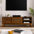 Mid Century Modern Mdf Rattan Tv Stand With Sliding Cabinet Doors Solid Wood Feet Storage Shelves By Gdfstudio