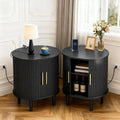 Mid Century Modern Nightstand Set Of 2 With Charging Station Fluted Accent Side Table With Sliding Door Adjustable Shelf