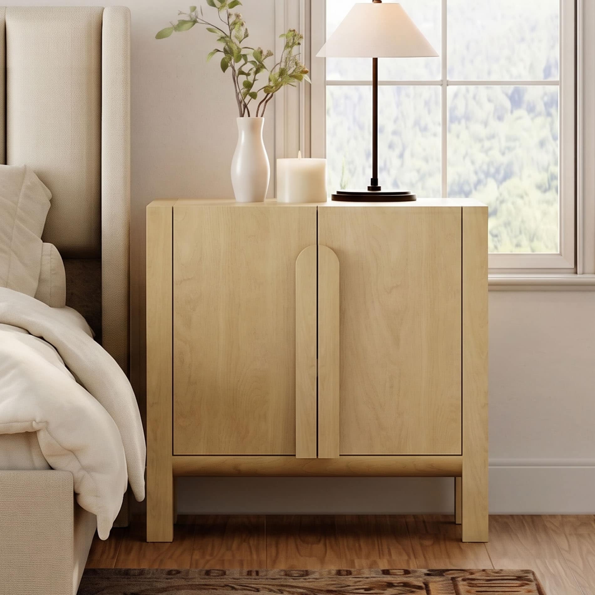 Mid Century Modern Nightstand With Doors 31.5 Large End Table For Bedroom Living Room