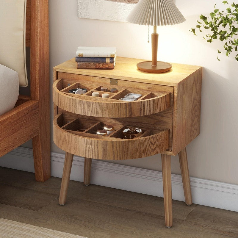 Mid Century Modern Rattan Nightstand With Rotating Hidden Compartment And Wood Legs