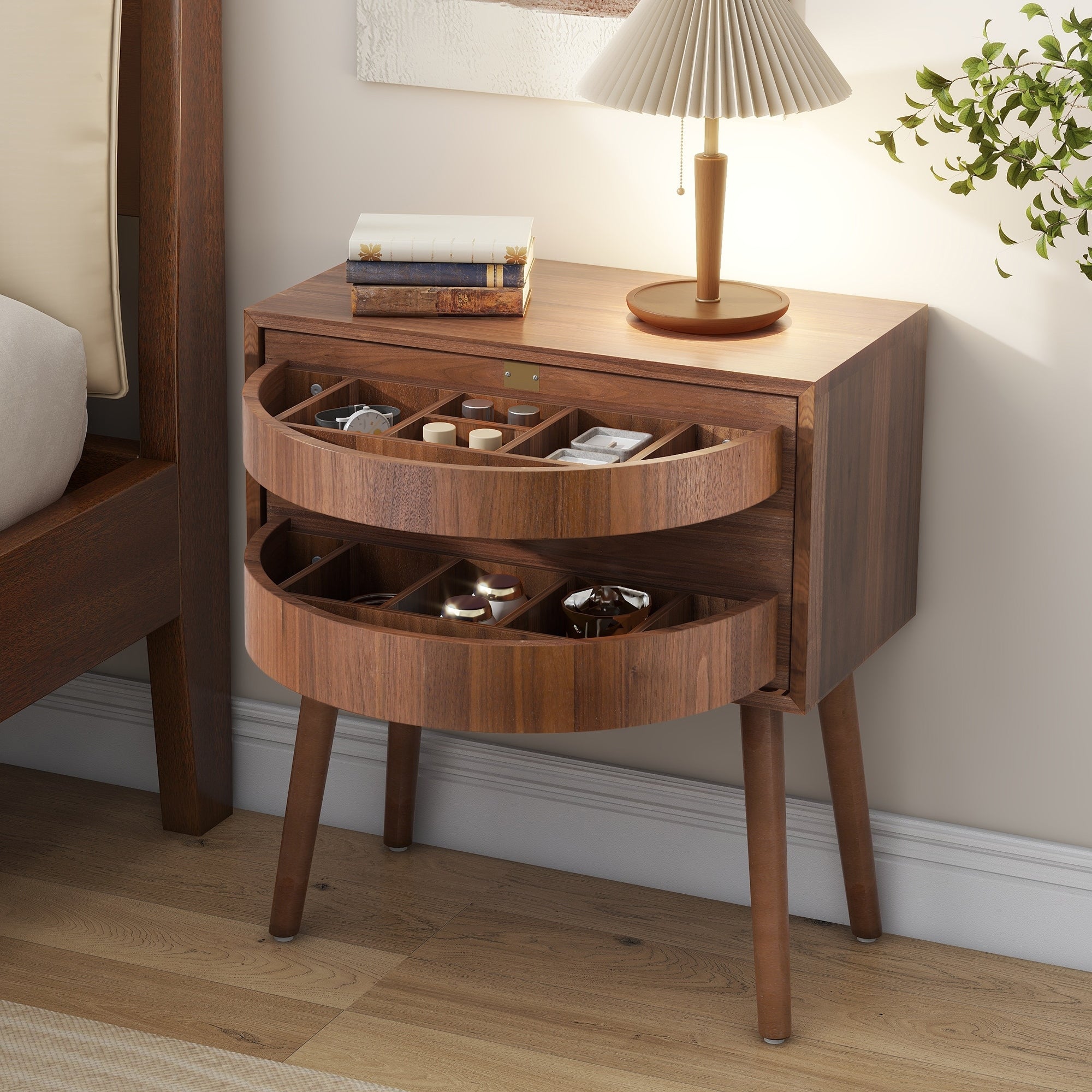 Mid Century Modern Rotating Hidden Compartment Rattan Nightstand Walnut