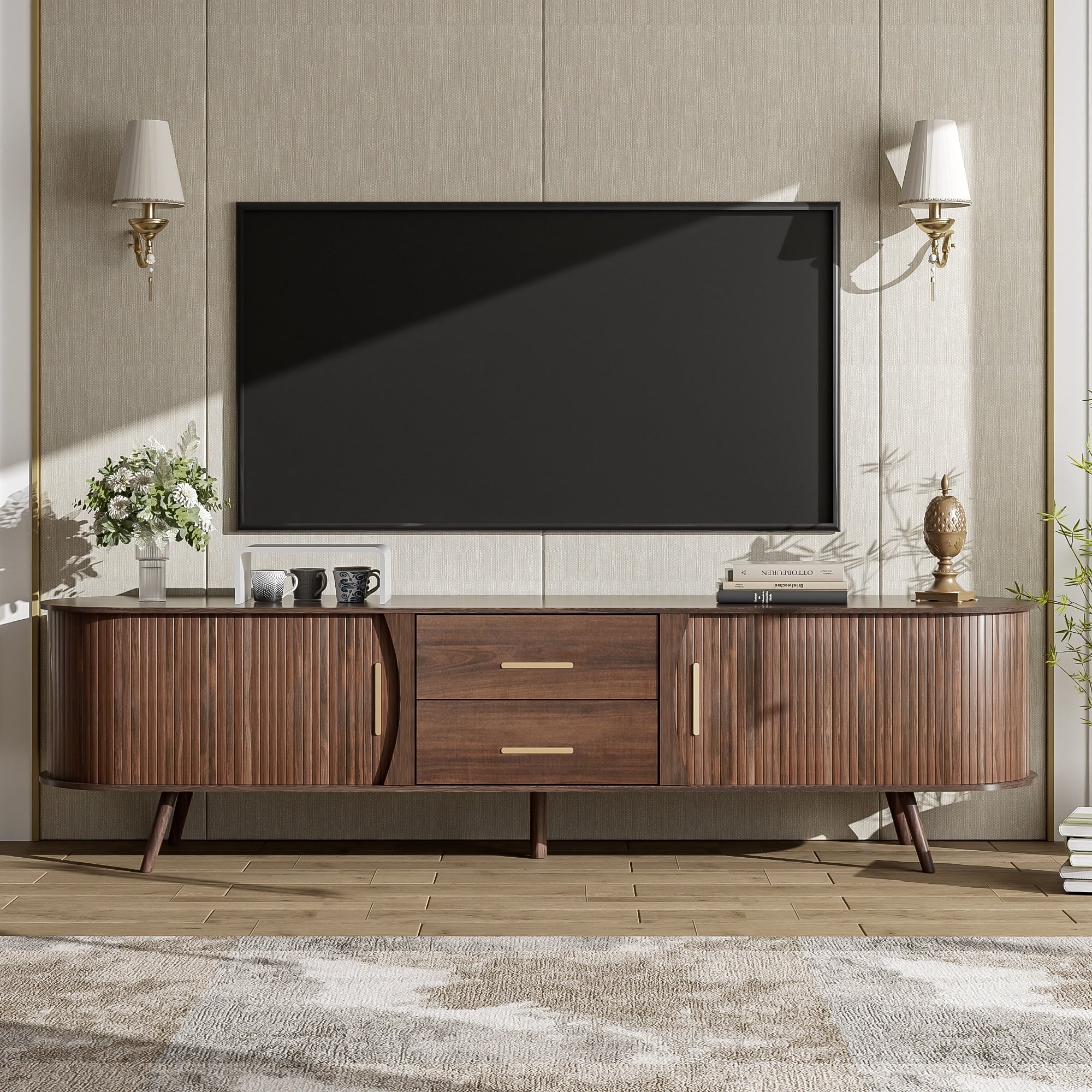 Mid Century Modern Tv Stand For 80 Inch Tv With Storage Drawers And Sliding Doors