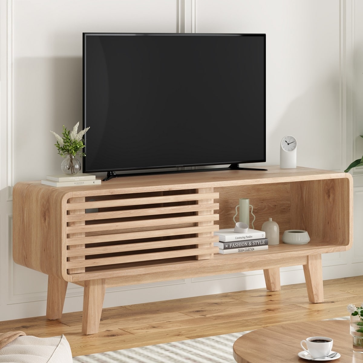 Mid Century Modern Tv Stand For Tv Up To 59 With Sliding Slatted Door
