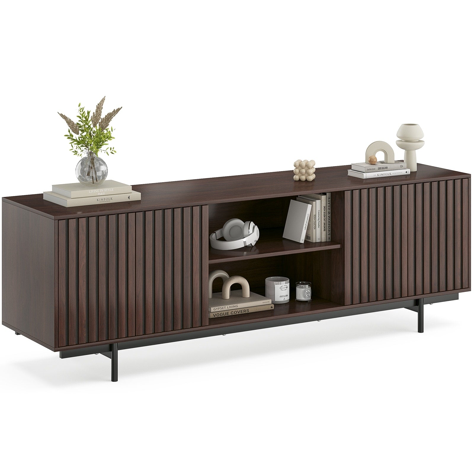 Mid Century Modern Tv Stand For Tvs Up To 75 Farmhouse Fluted Tv Stand Retro Wood Tv Stand With Storage And Shelf