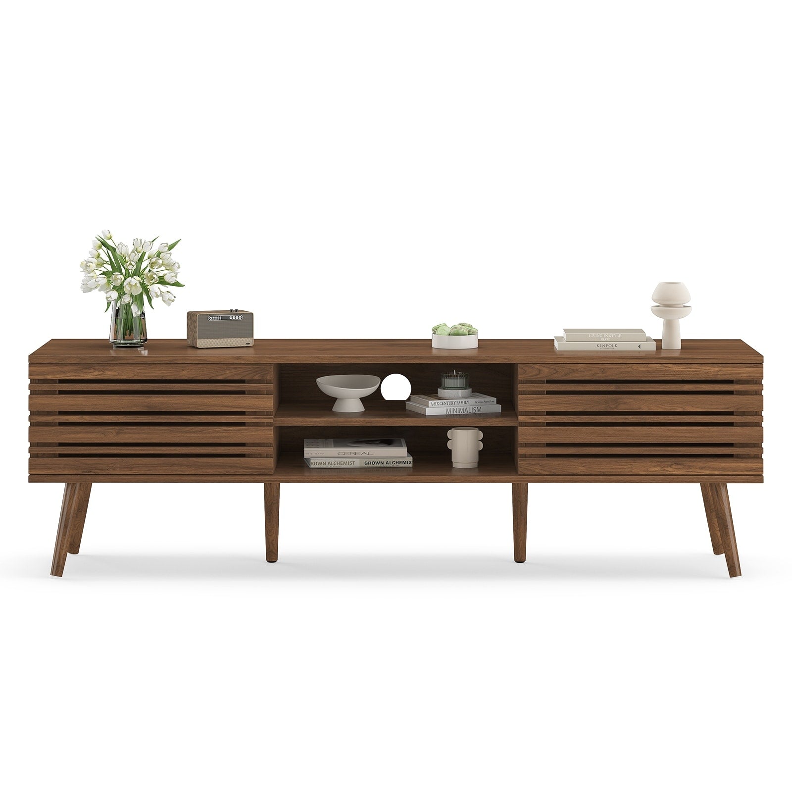 Mid Century Modern Tv Stands For Up To 70 Tv With Storage Fluted Wood Tv Stand For Living Room Boho Media Console