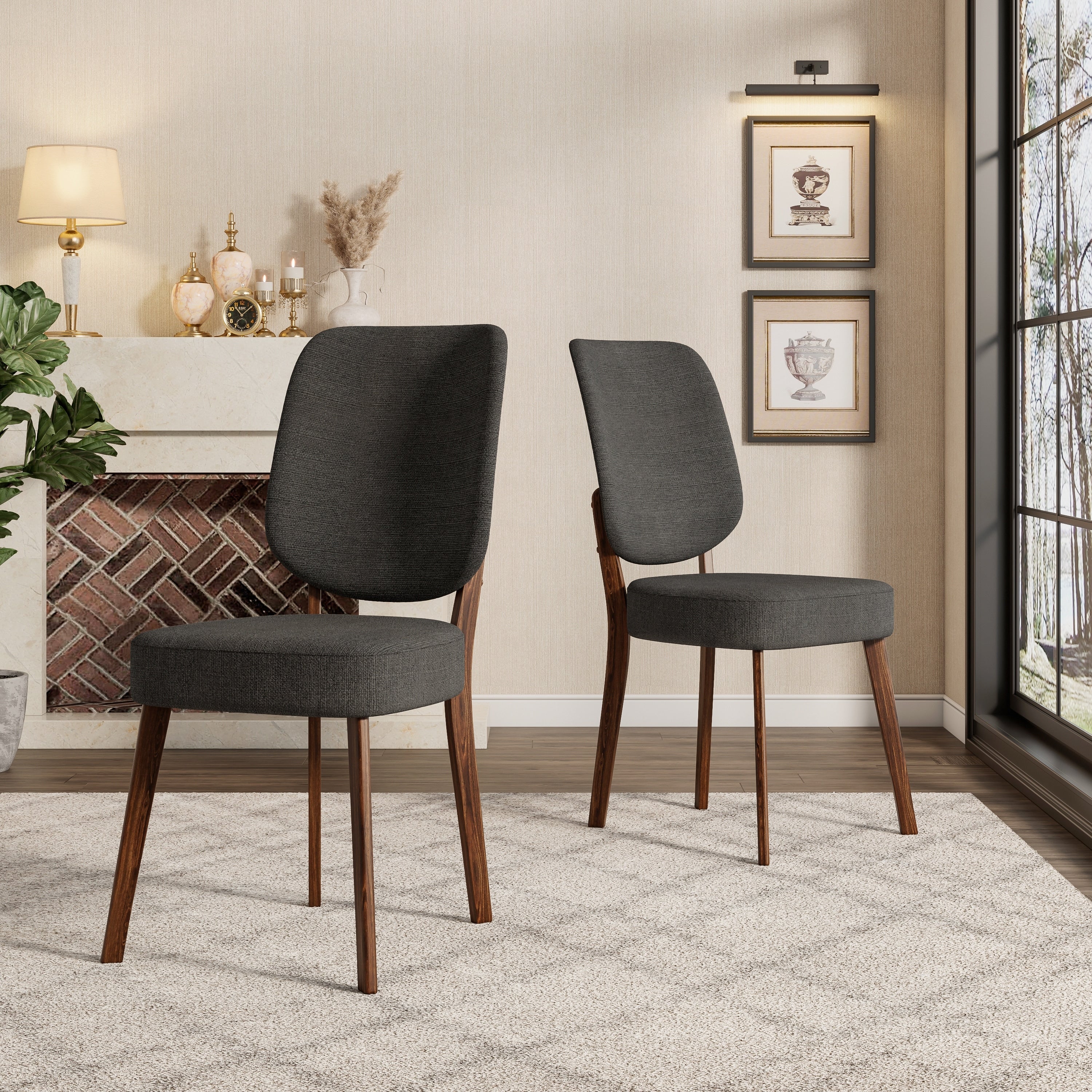 Mid Century Modern Upholstered Dining Chairs With Dark Brown Solid Wood Legs Set Of 2