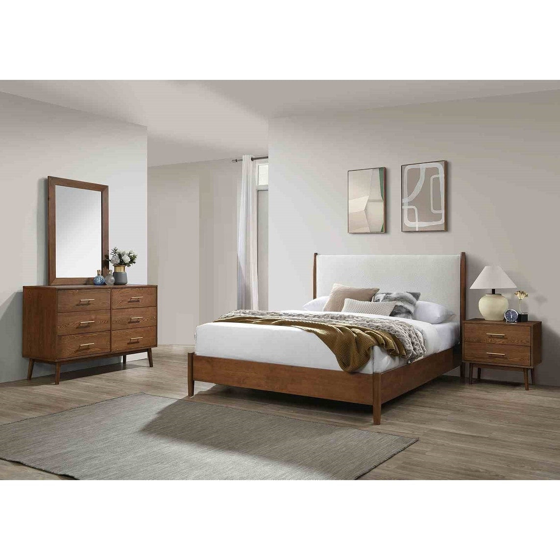 Mid Century Modern Walnut Finish Wooden Bedroom Furniture Set