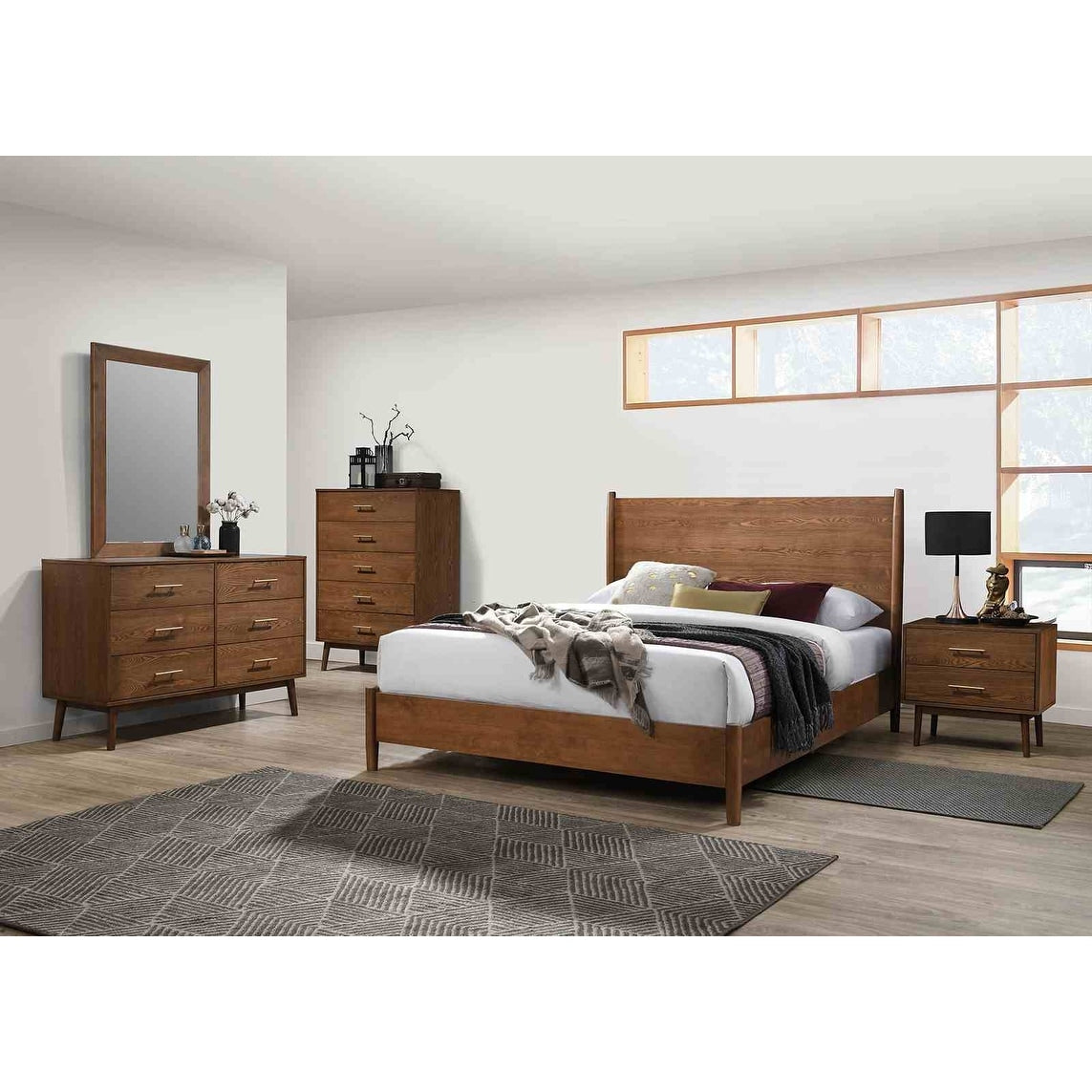Mid Century Modern Walnut Finish Wooden Bedroom Set