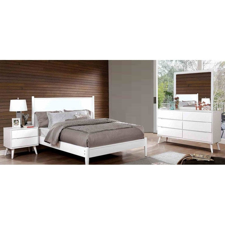 Mid Century Modern White Wash Solid Wood 4 Piece Bedroom Set Bed Nightstand Dresser Mirror