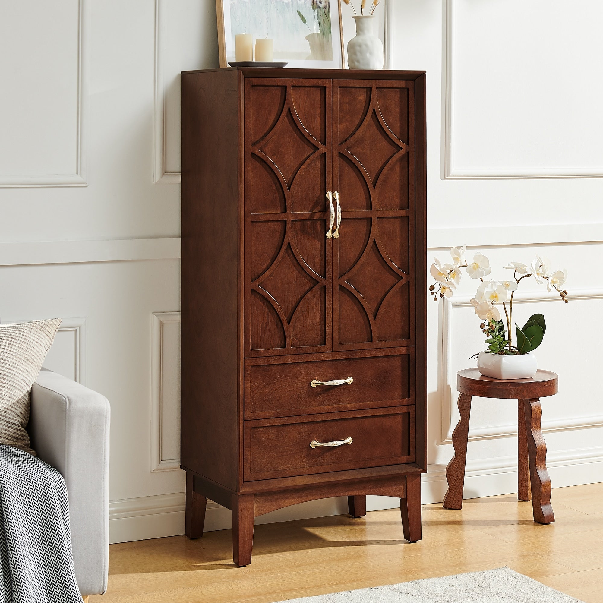 Mid Century Modern Wood Kitchen Pantry Storage Cabinet With Doors And Drawers Walnut By Gdfstudio