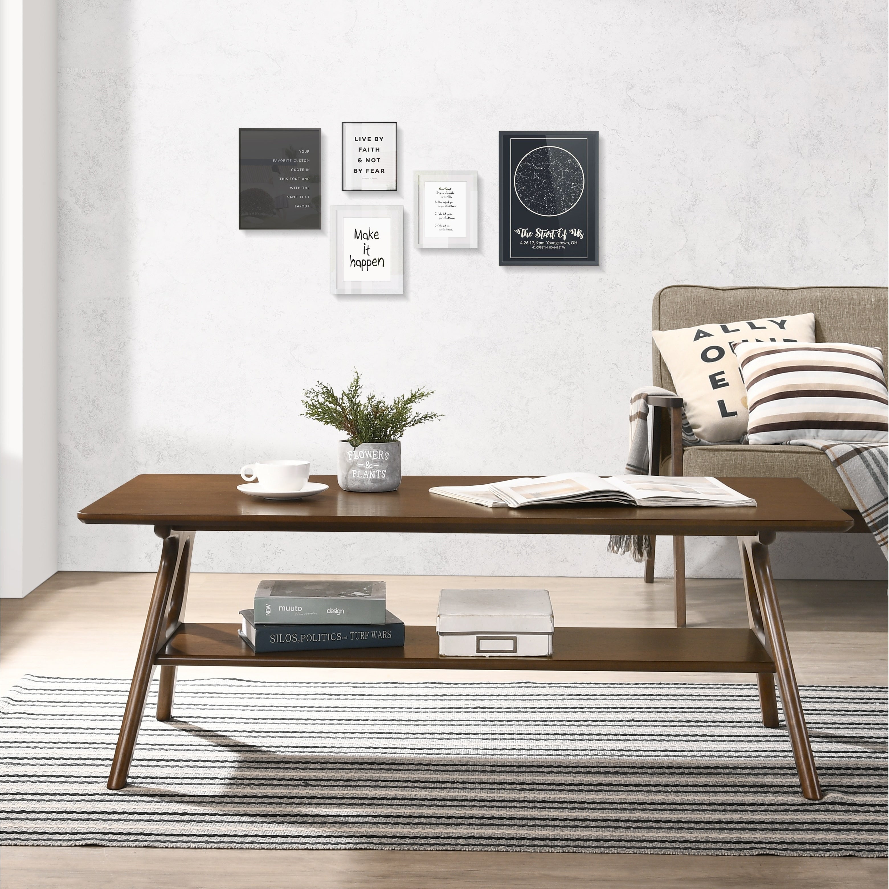 Mid Century Modern Wood Rectangular Coffee Table With A Open Storage Shelf