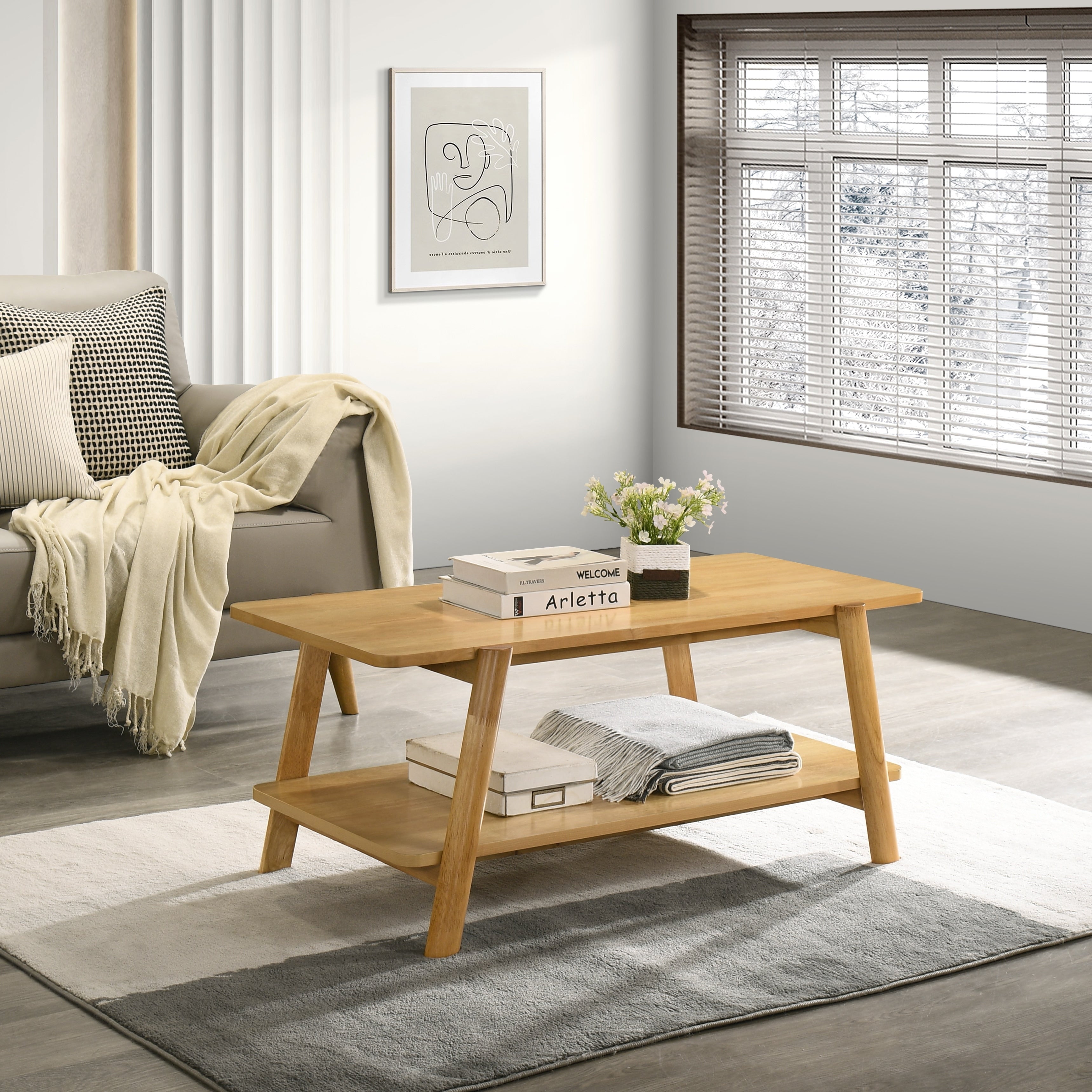 Mid Century Modern Wood Shelf Coffee Table Natural Oak Finish