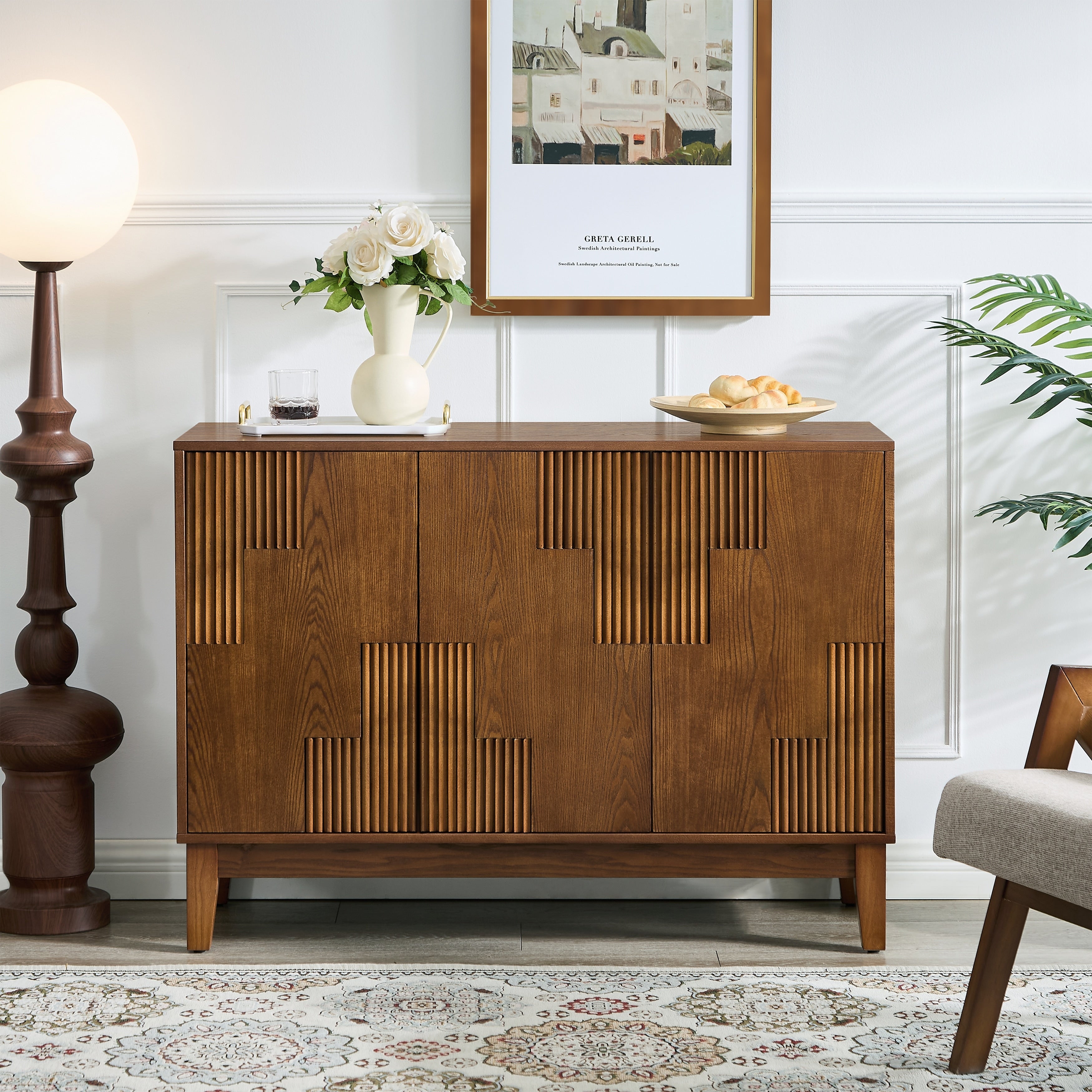 Mid Century Modern Wooden Buffet Cabinet With Vertical Stripe Patchwork Design Adjustable Shelves Storage Walnut By Gdfstudio