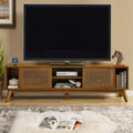 Mid Century Modern Wooden Rattan Tv Stand With Sliding Cabinet Doors Open Storage Shelves Wood Feet Walnut Brown By Gdfstudio