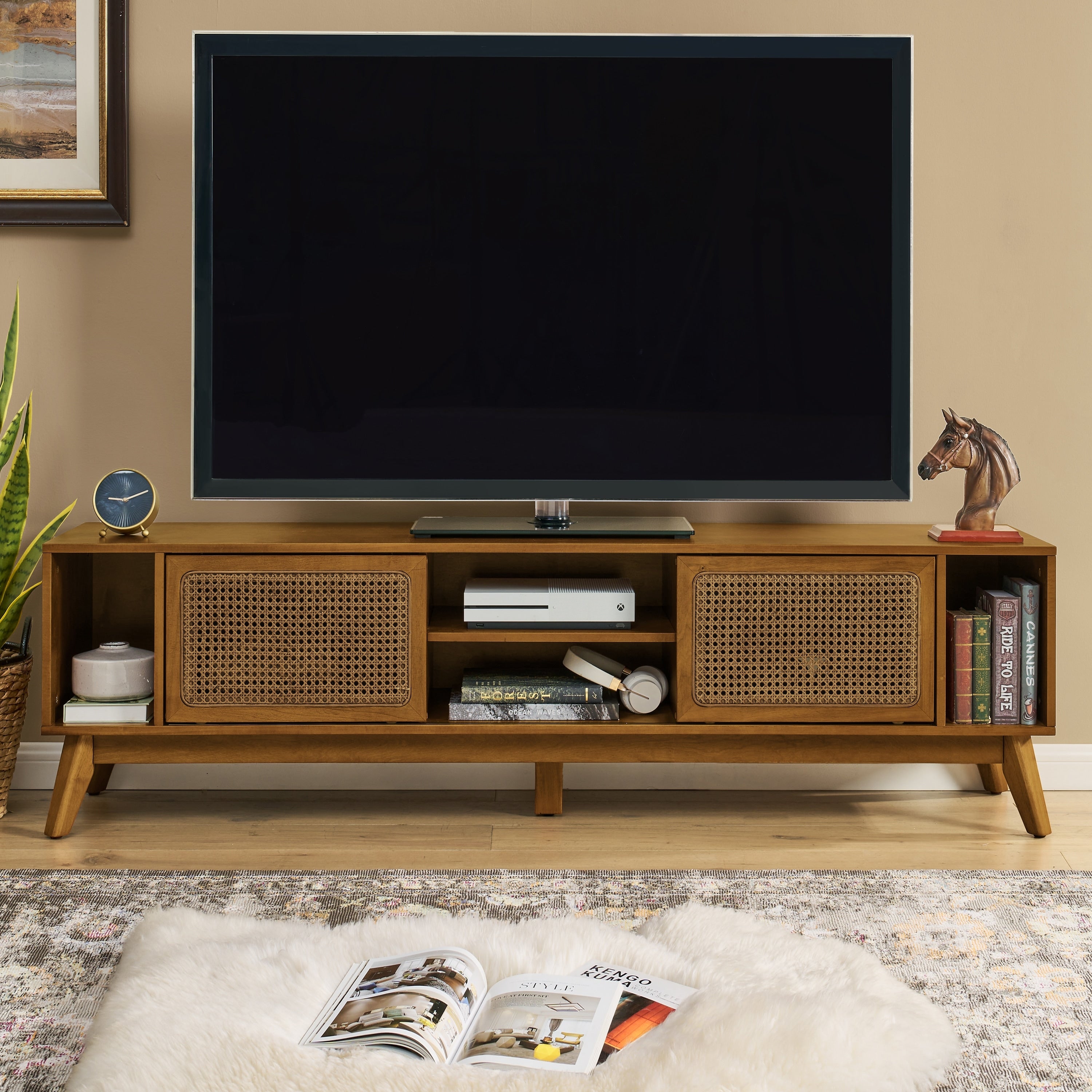 Mid Century Modern Wooden Rattan Tv Stand With Sliding Cabinet Doors Open Storage Shelves Wood Feet Walnut Brown By Gdfstudio