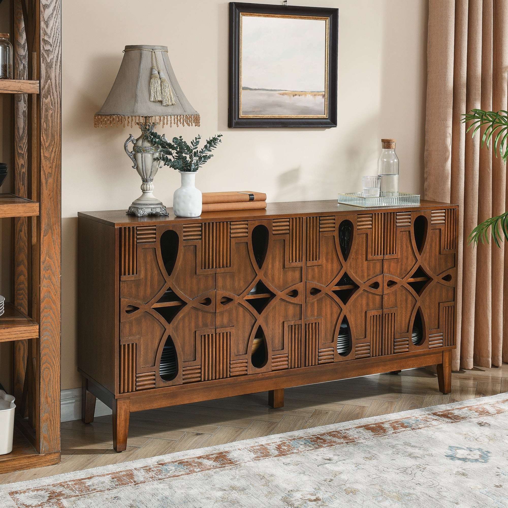 Mid Century Modern Wooden Sideboard Buffet Cabinet With 4 Doors Adjustable Shelves Outlet Holes Walnut By Gdfstudio