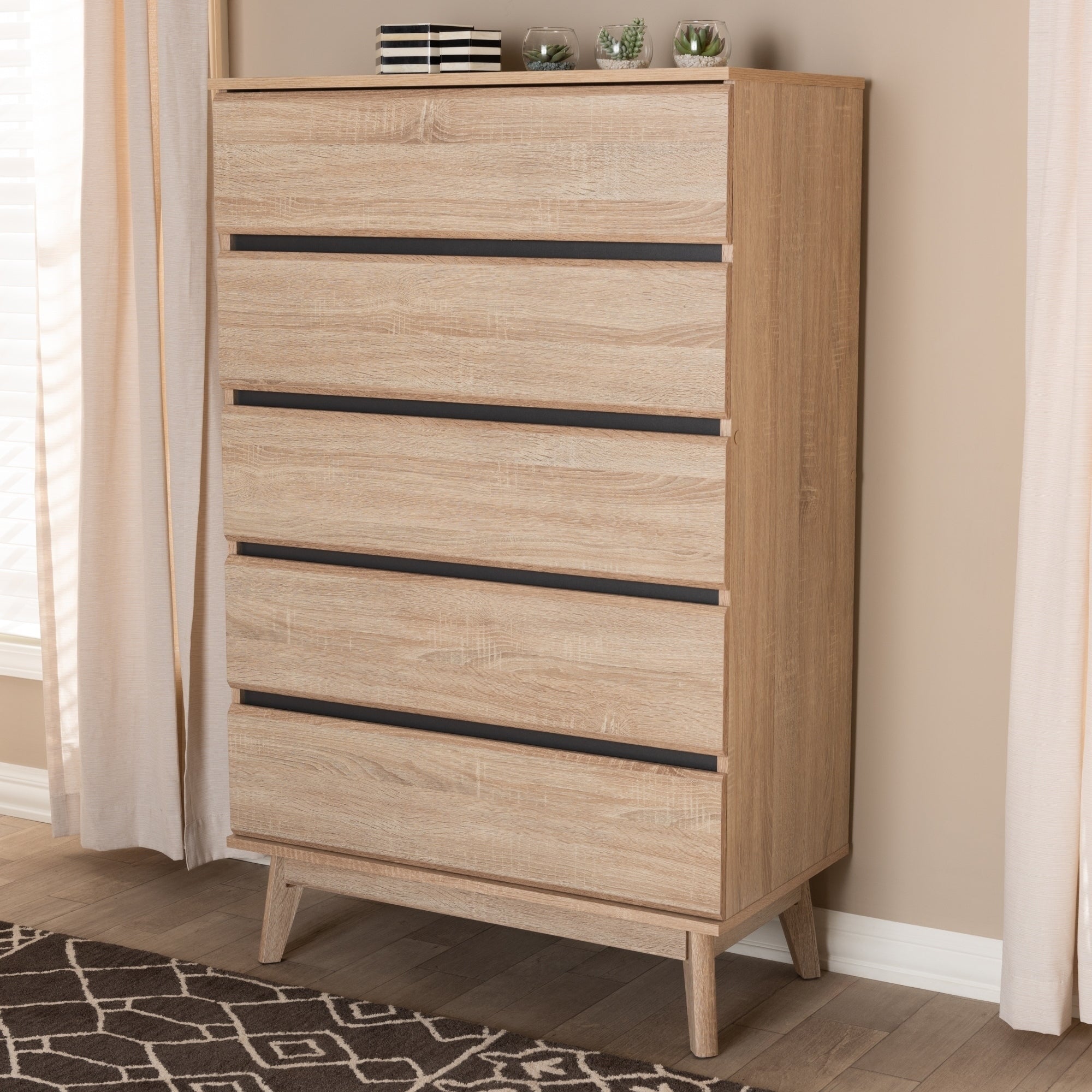 Mid Century Oak And Dark Grey 5 Drawer Chest By Baxton Studio