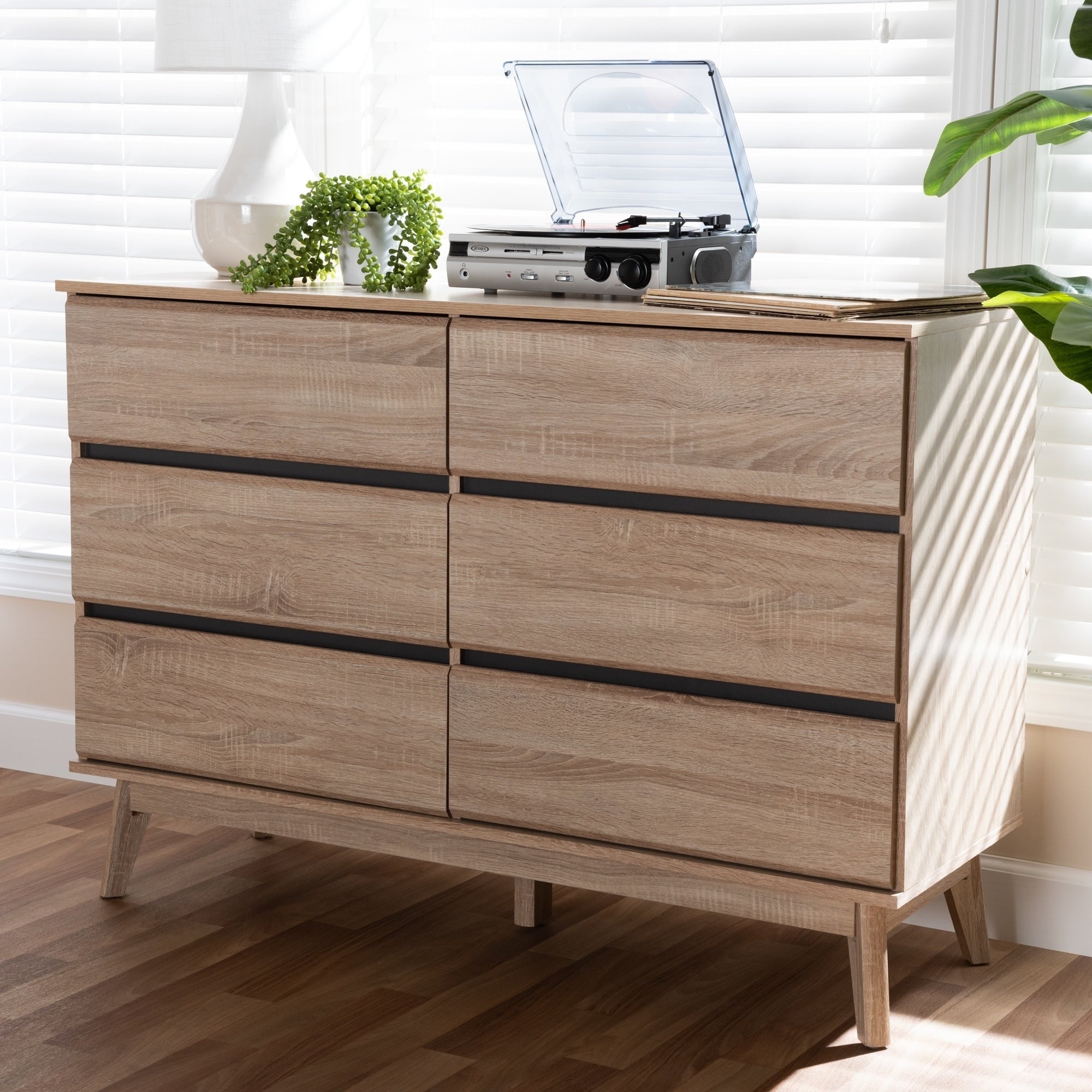 Mid Century Oak And Dark Grey 6 Drawer Dresser By Baxton Studio