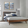 Mid Century Upholstered Brown Platform Queen Bed